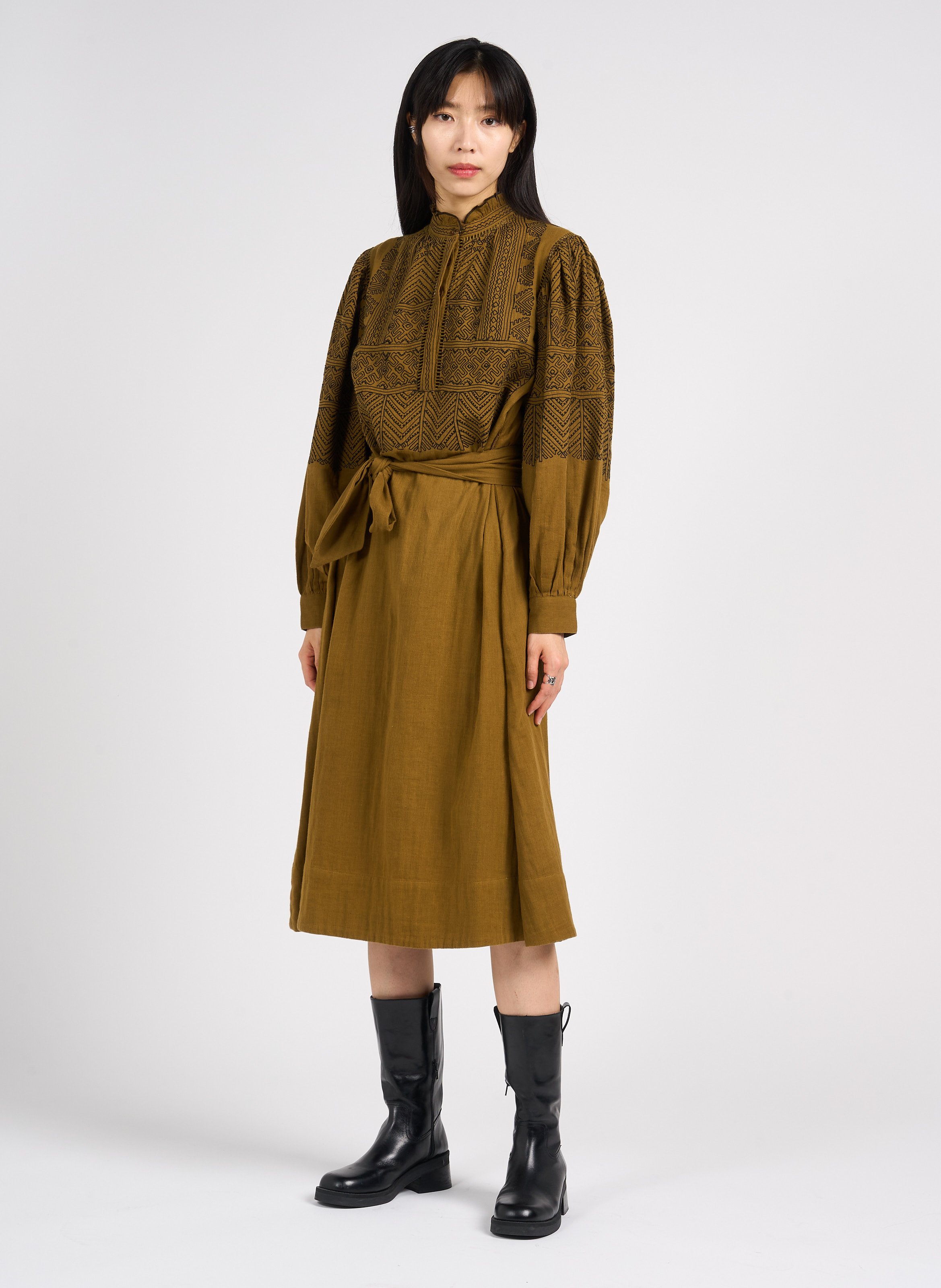 Robe longue droite col montant en coton ANTIK BATIK Marron