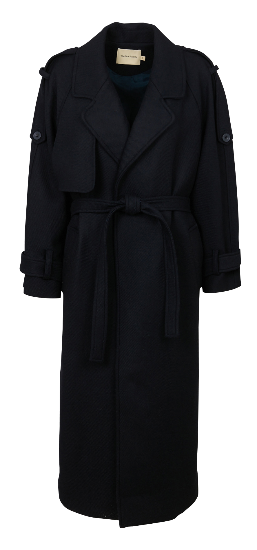 Lange jas met ceintuur - wolblend THE NEW SOCIETY Blauw