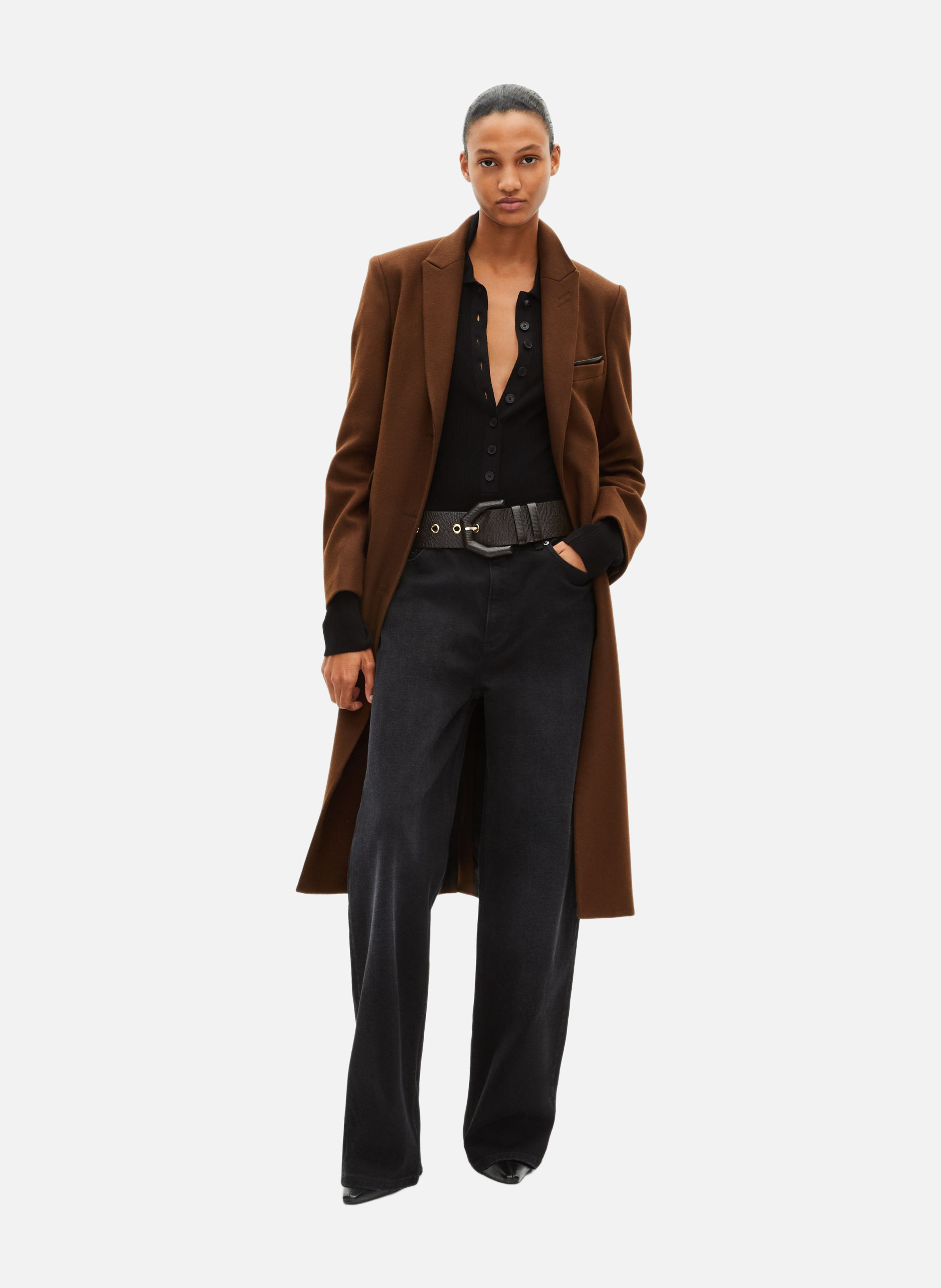 Long coat with leather details THE KOOPLES Brown