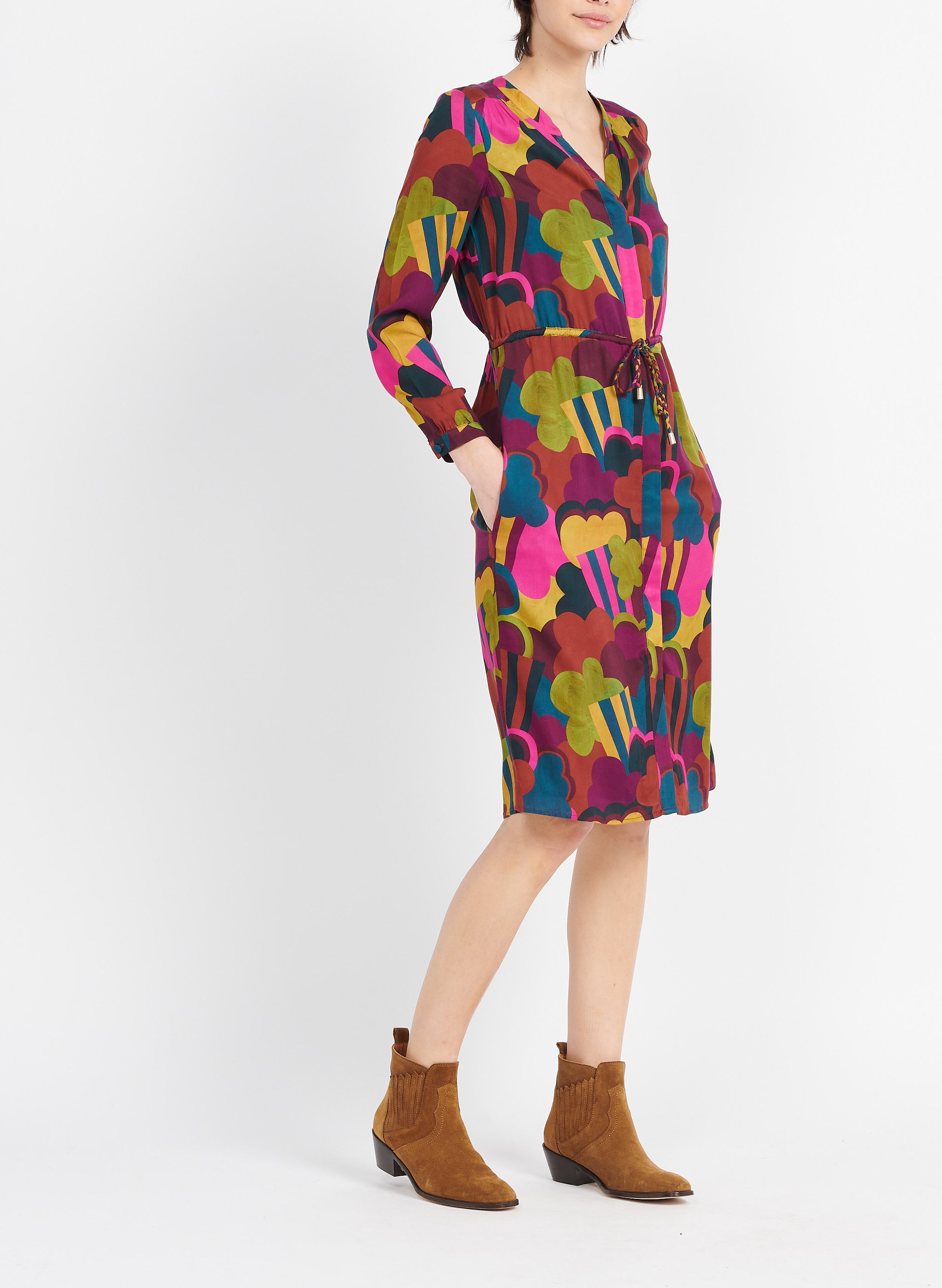 Robe midi col V imprimée  SOI PARIS Marron