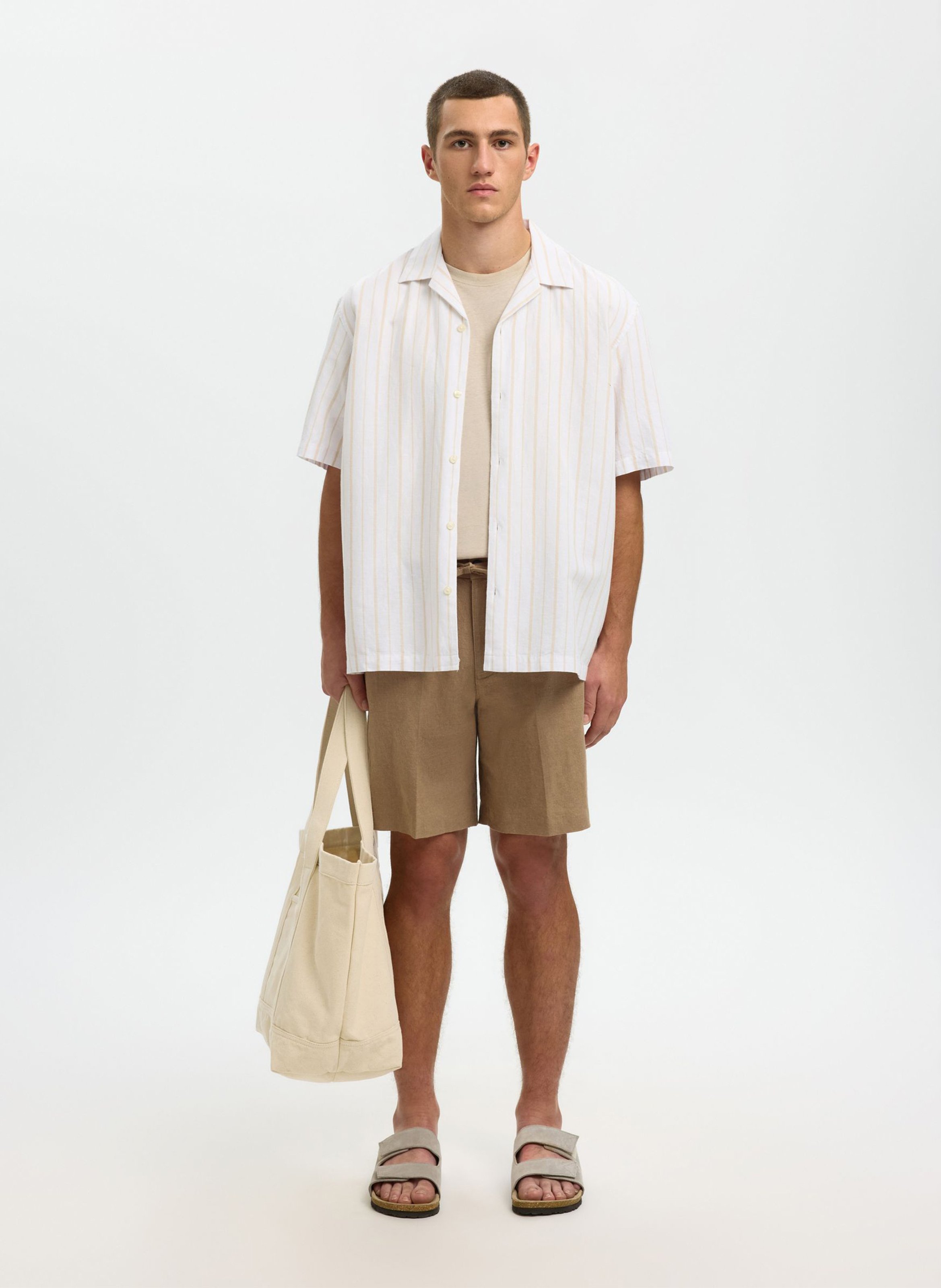 Tee-shirt droit col rond en lin et coton mélangé SELECTED Beige