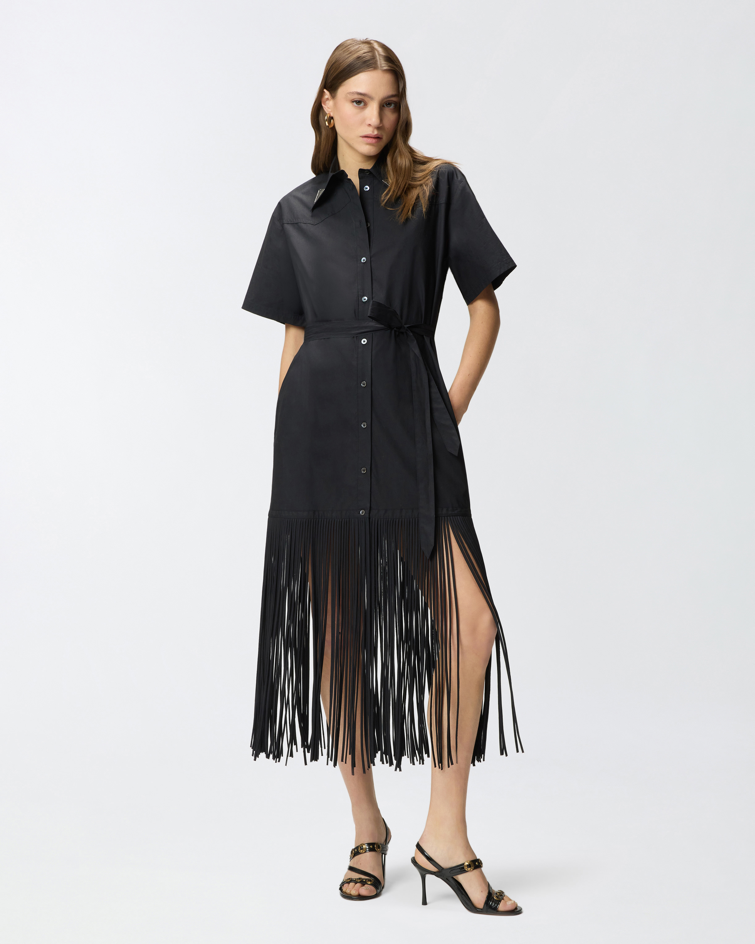 Robe chemise longue à franges et détails métalliques PINKO Noir