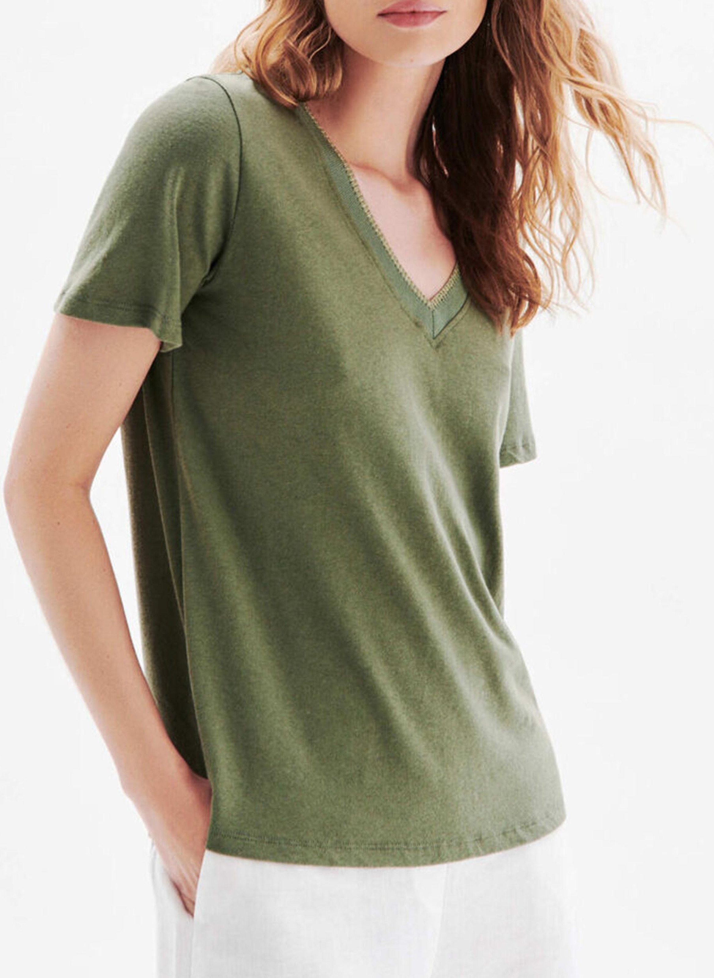 Straight cotton-blend V-neck T-shirt CAROLL Green
