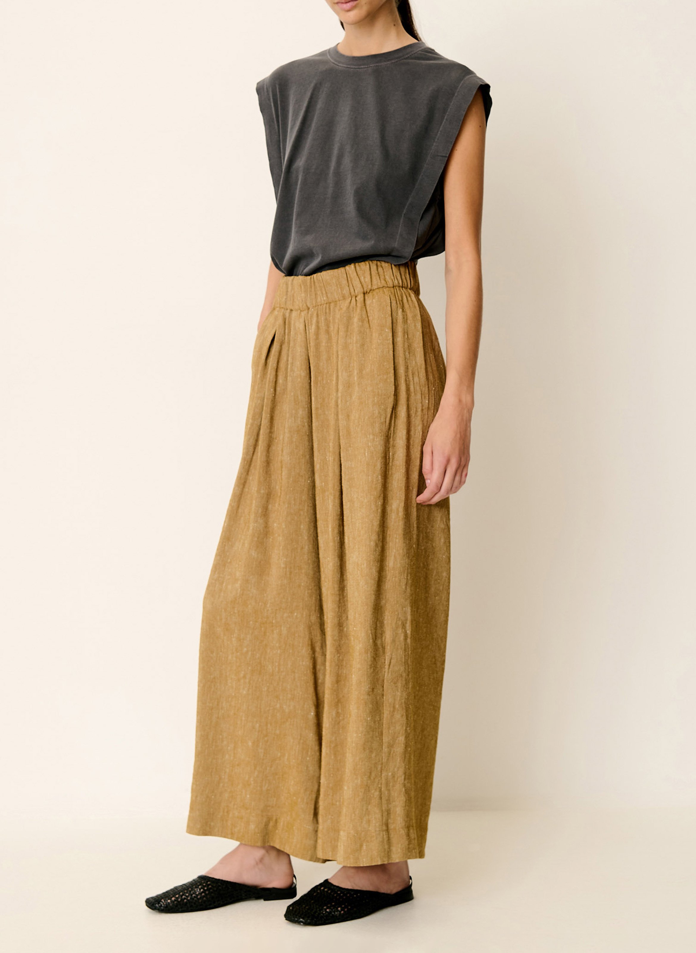 Weite 7/8-Hose aus antikem feinem Leinengewebe SESSUN Khaki