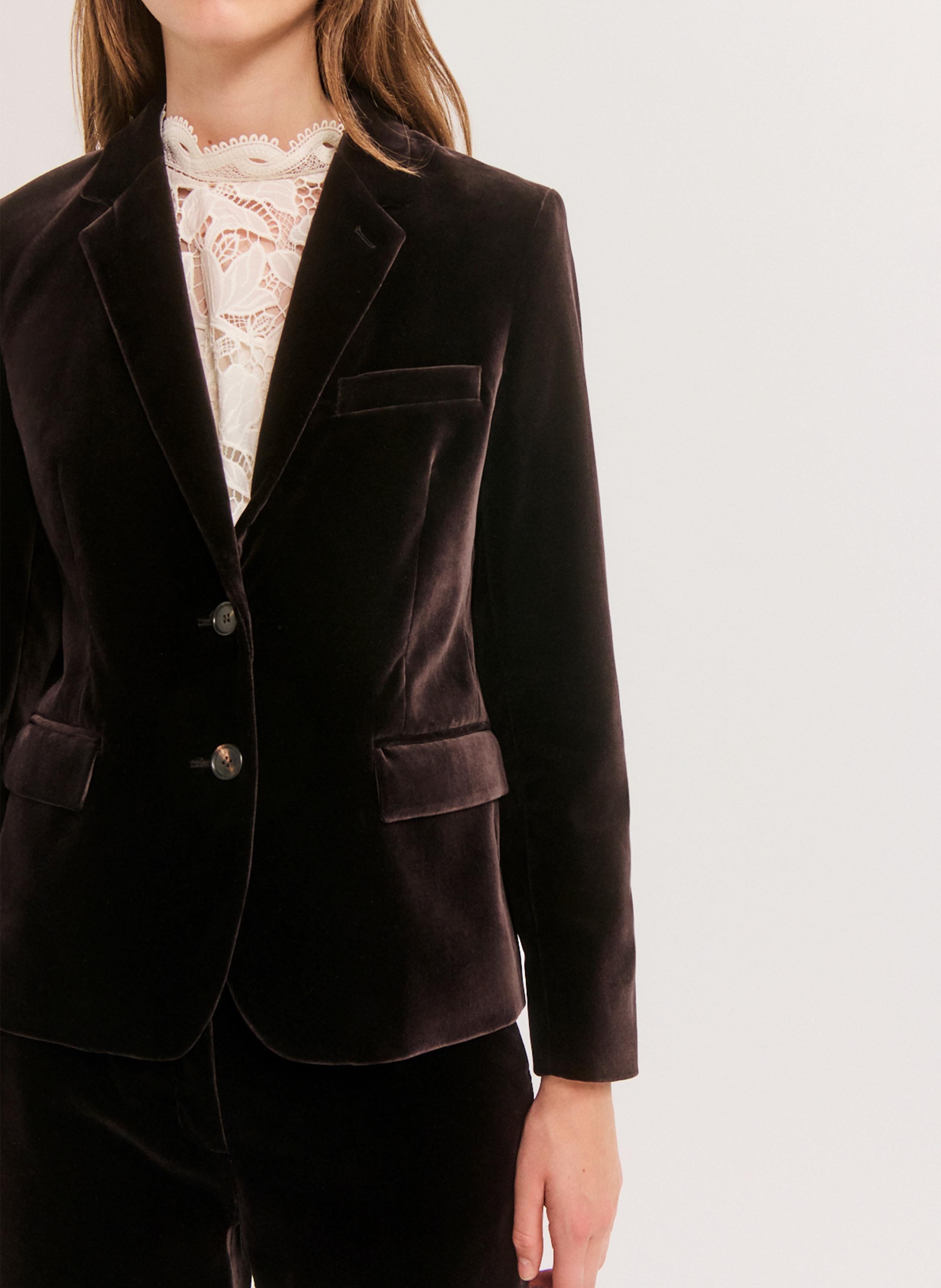 Blazer cintré en velours lisse de coton mélangé PABLO Marron