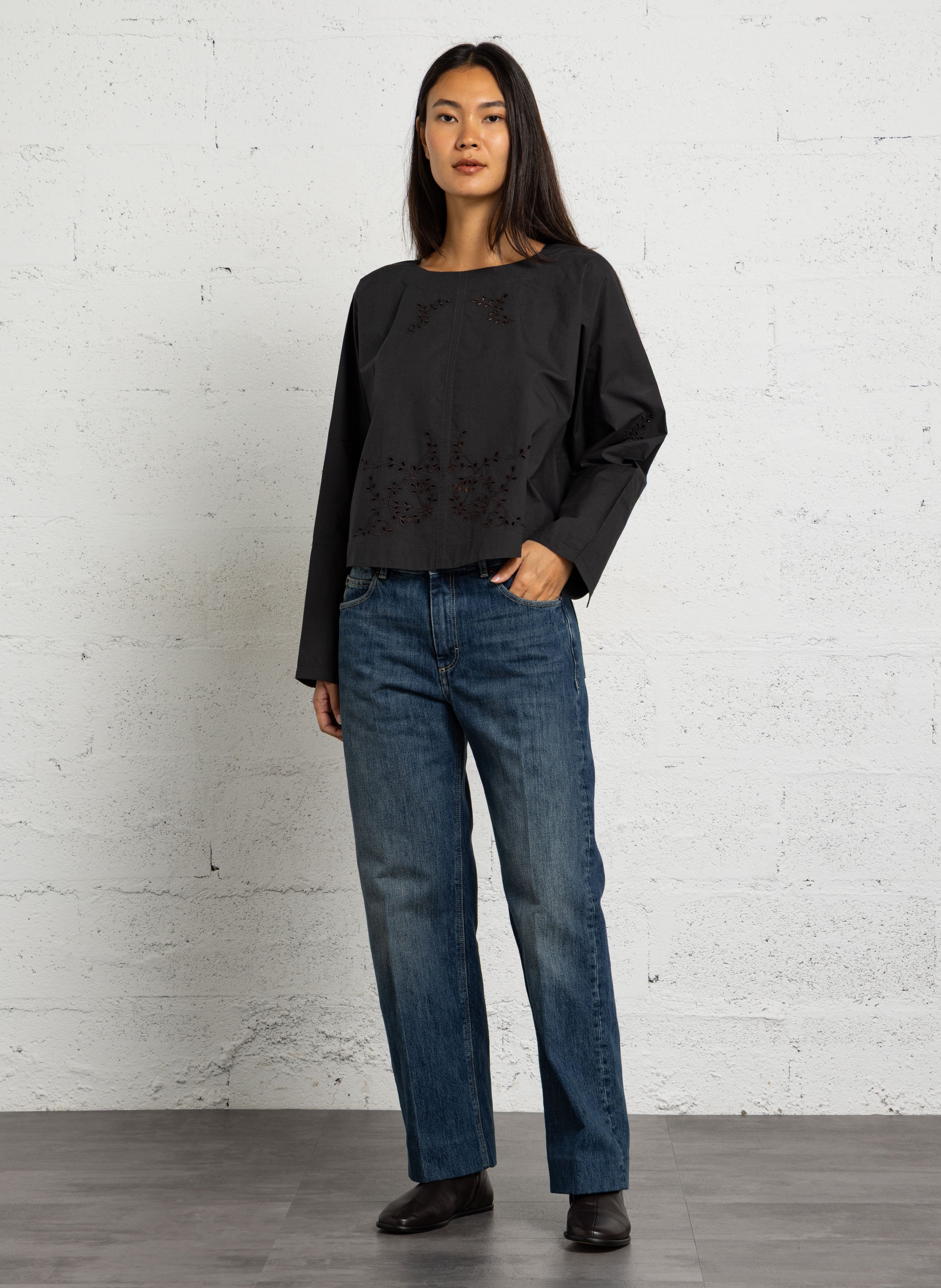 Top ample à broderie anglaise en coton SOEUR Gris