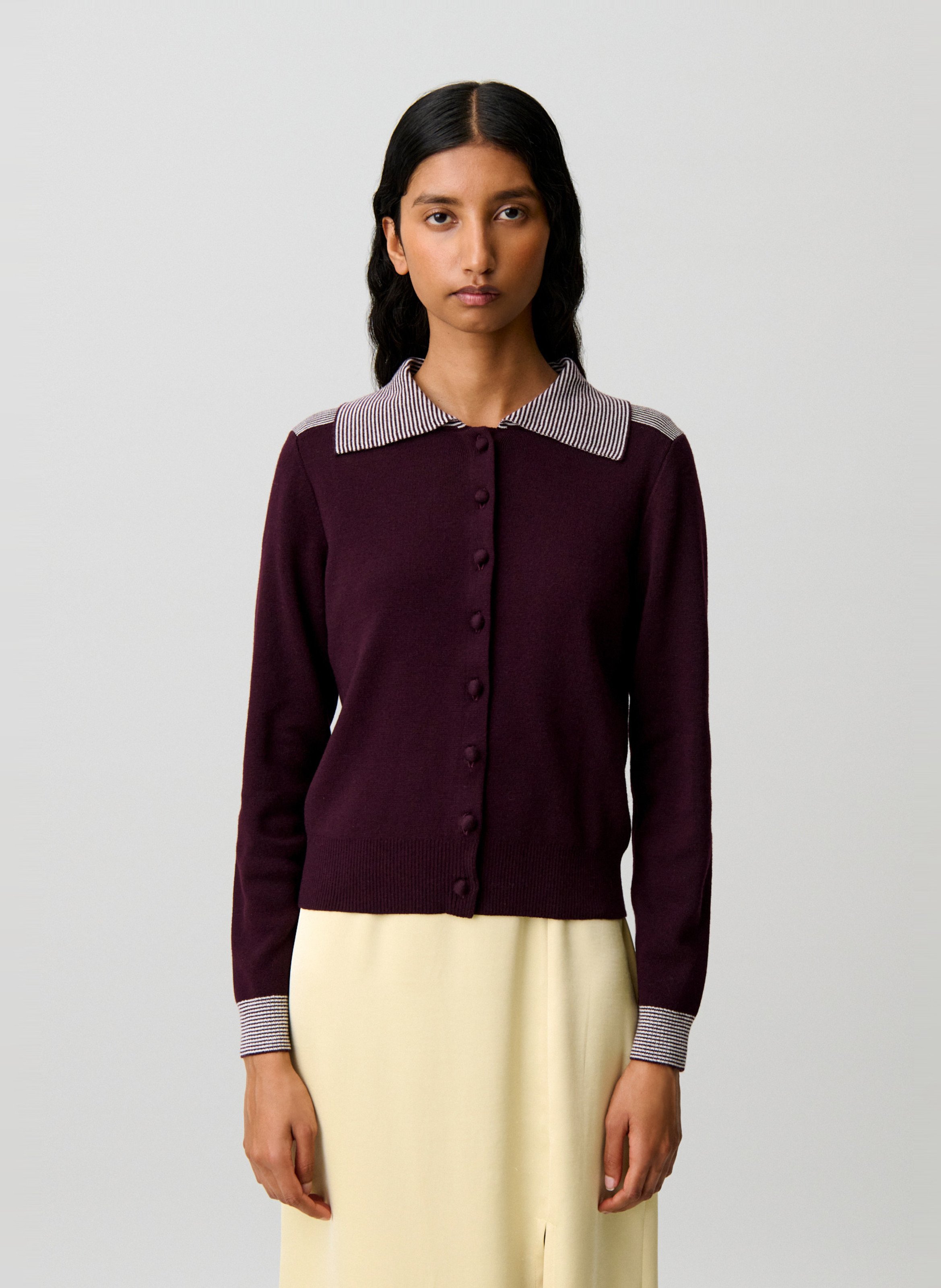 Cardigan col classique en laine mélangée CLAUDIE PIERLOT Prune