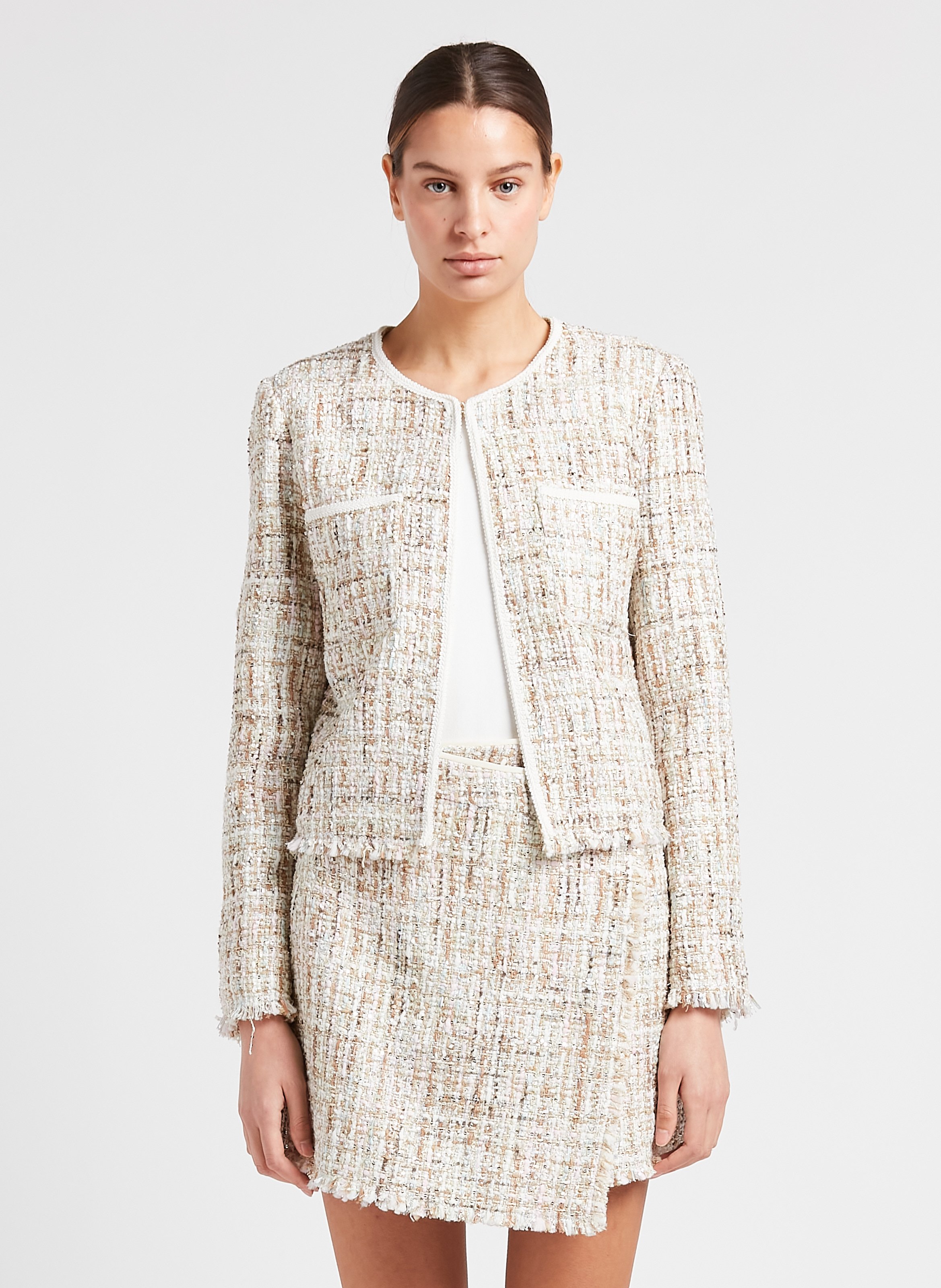Round Neck Tweed Fur Jacket