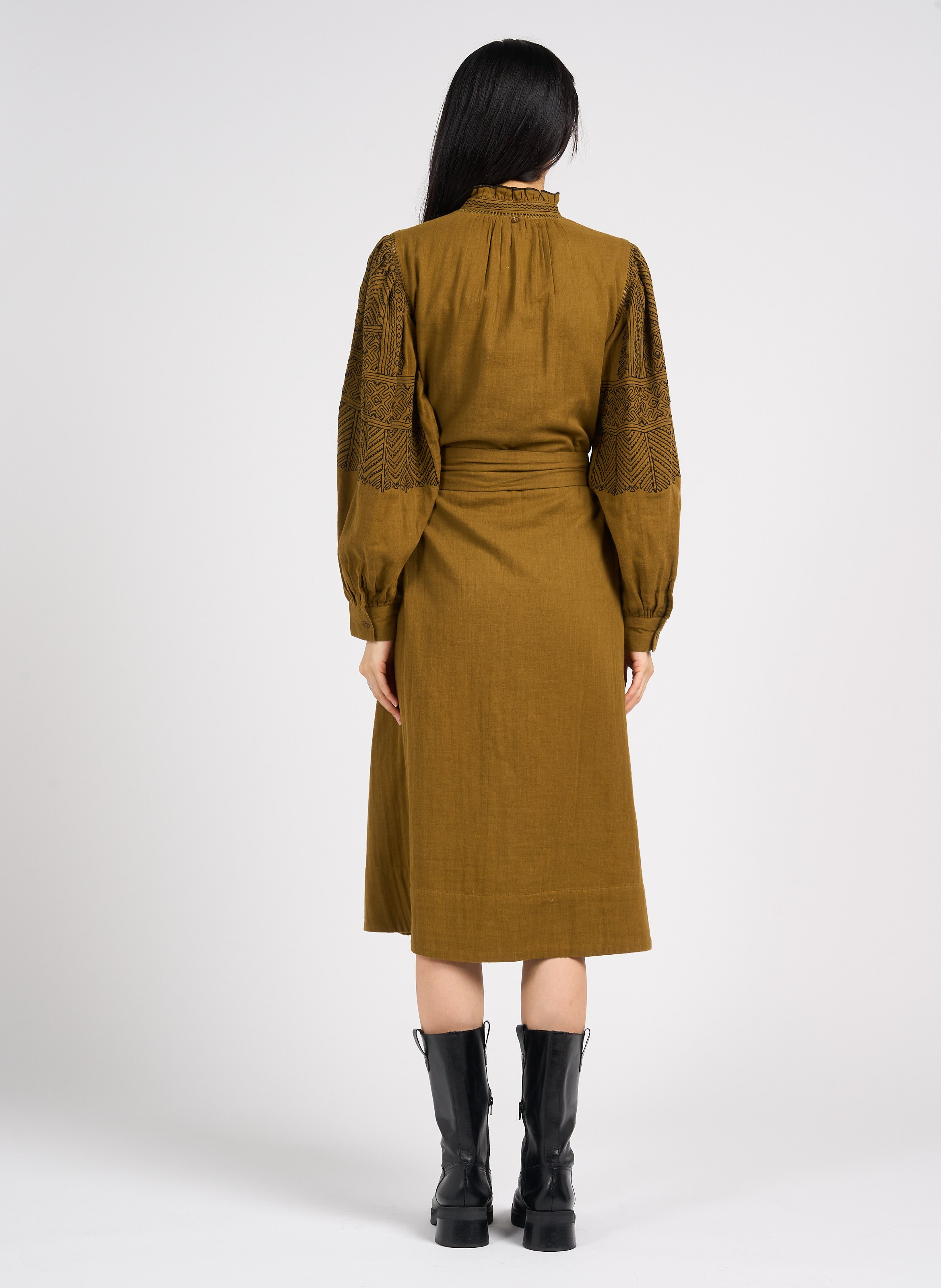 Robe longue droite col montant en coton ANTIK BATIK Marron