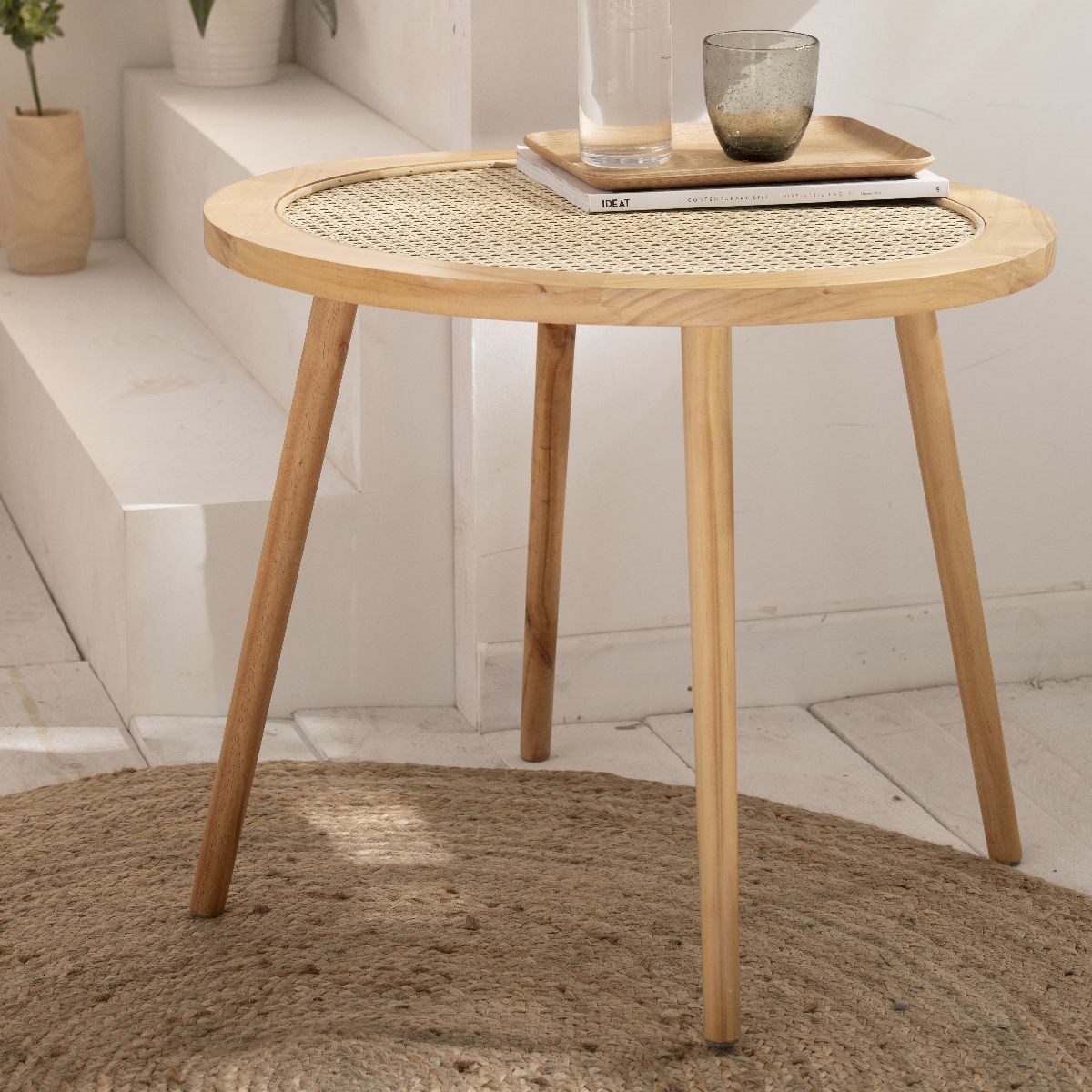 Wooden cane end table FACTORY Beige