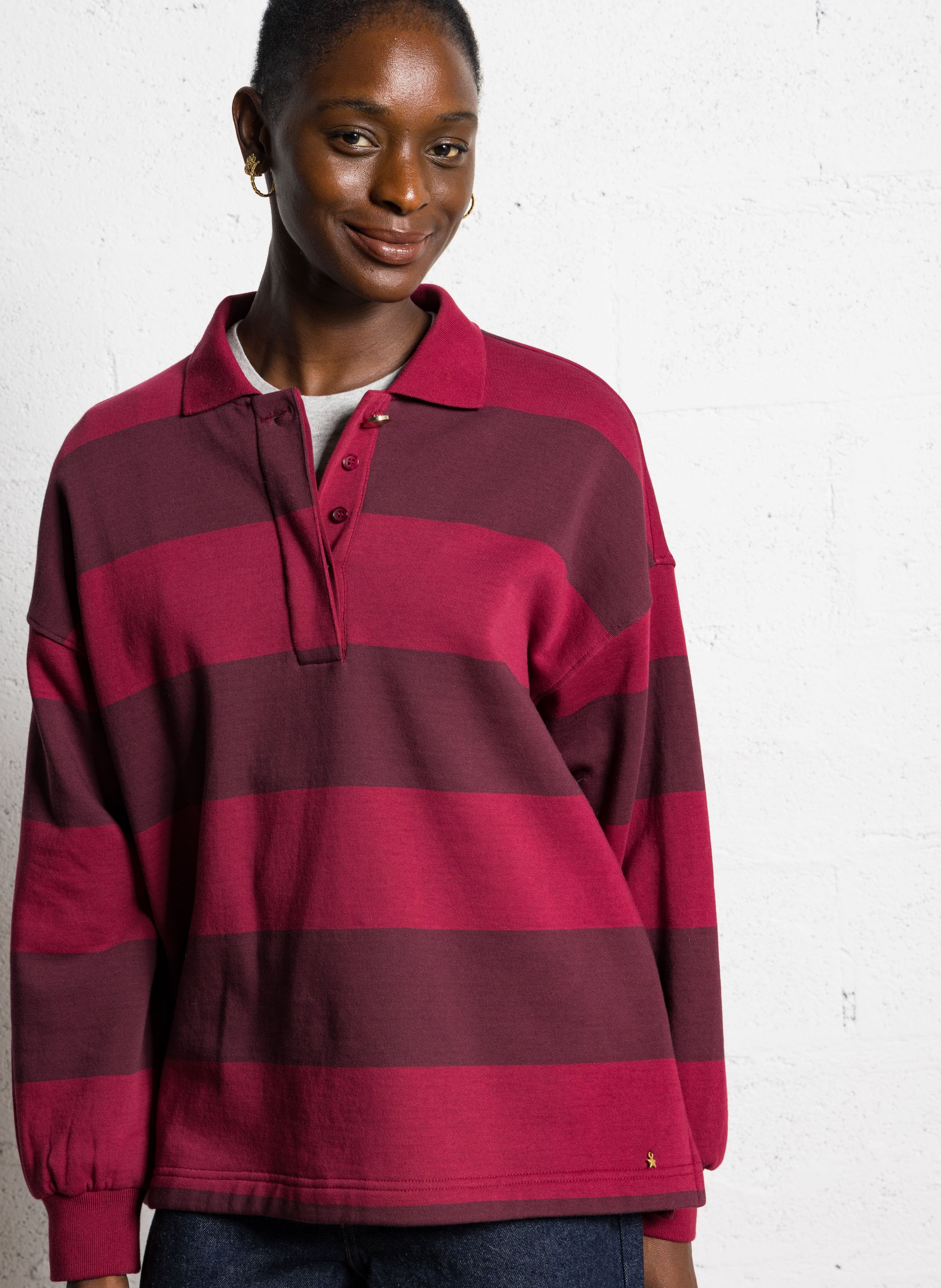 Sweat col polo molleton rayé DES PETITS HAUTS Violet