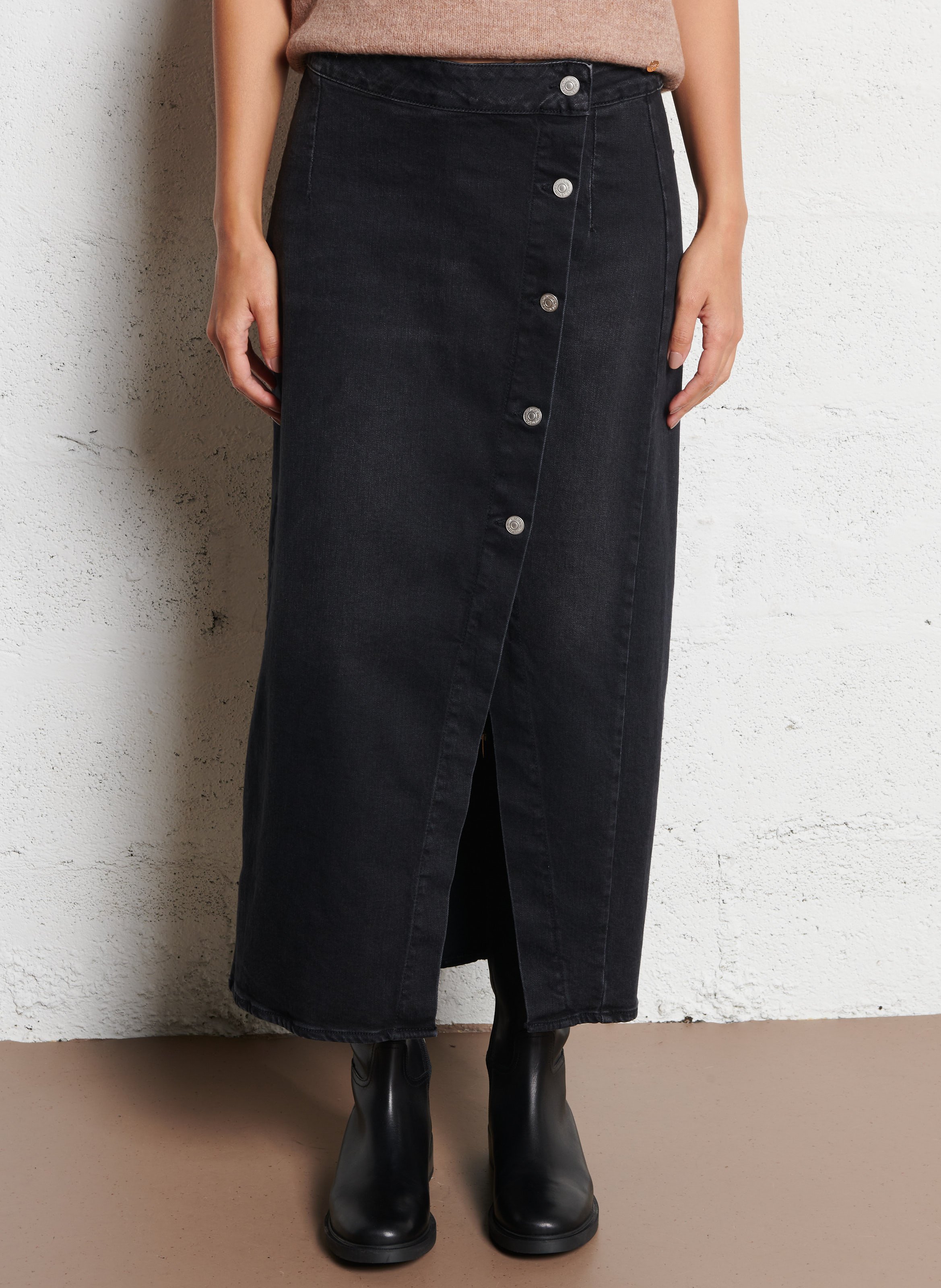 Jupe longue en denim de coton mélangé LE TEMPS DES CERISES Noir