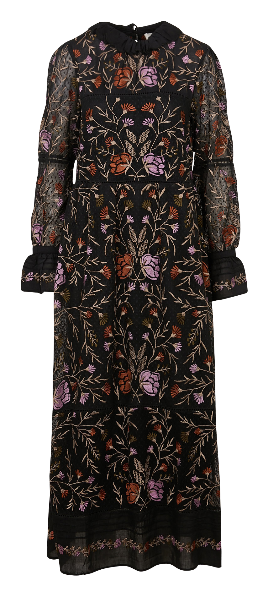 Langes Kleid mit viktorianischem Kragen und bestickter Baumwolle ANTIK BATIK Schwarz