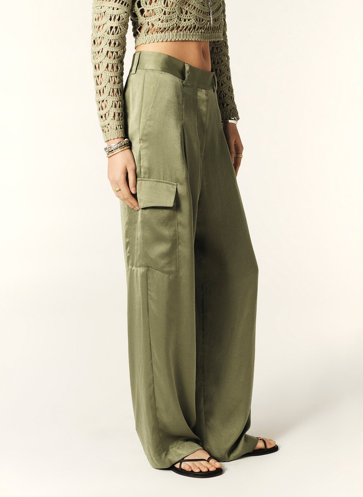 Pantalon large effet satiné BA&SH Kaki