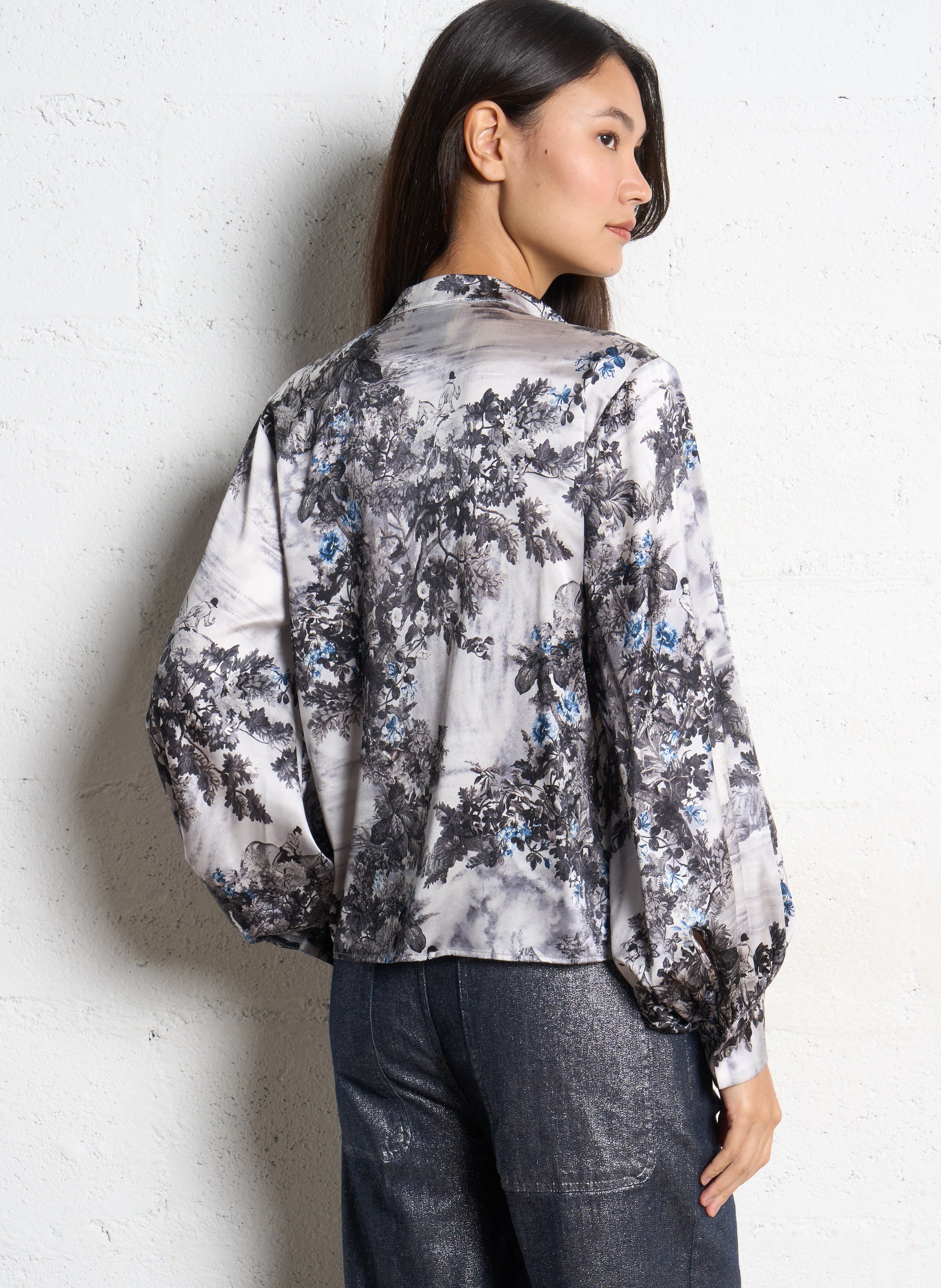 Chemise droite col mao en soie mélangée MOMONI Argent