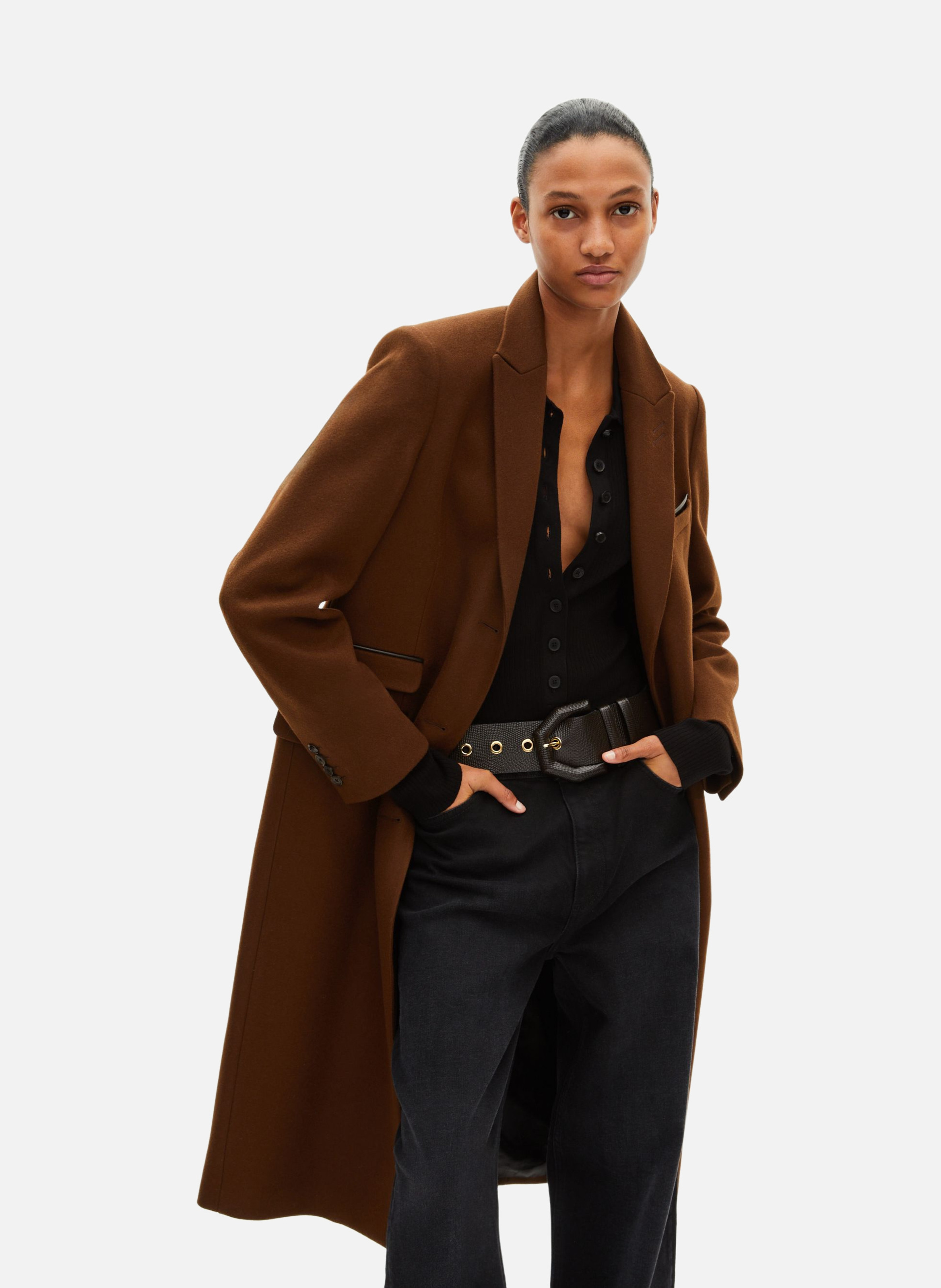 Long coat with leather details THE KOOPLES Brown