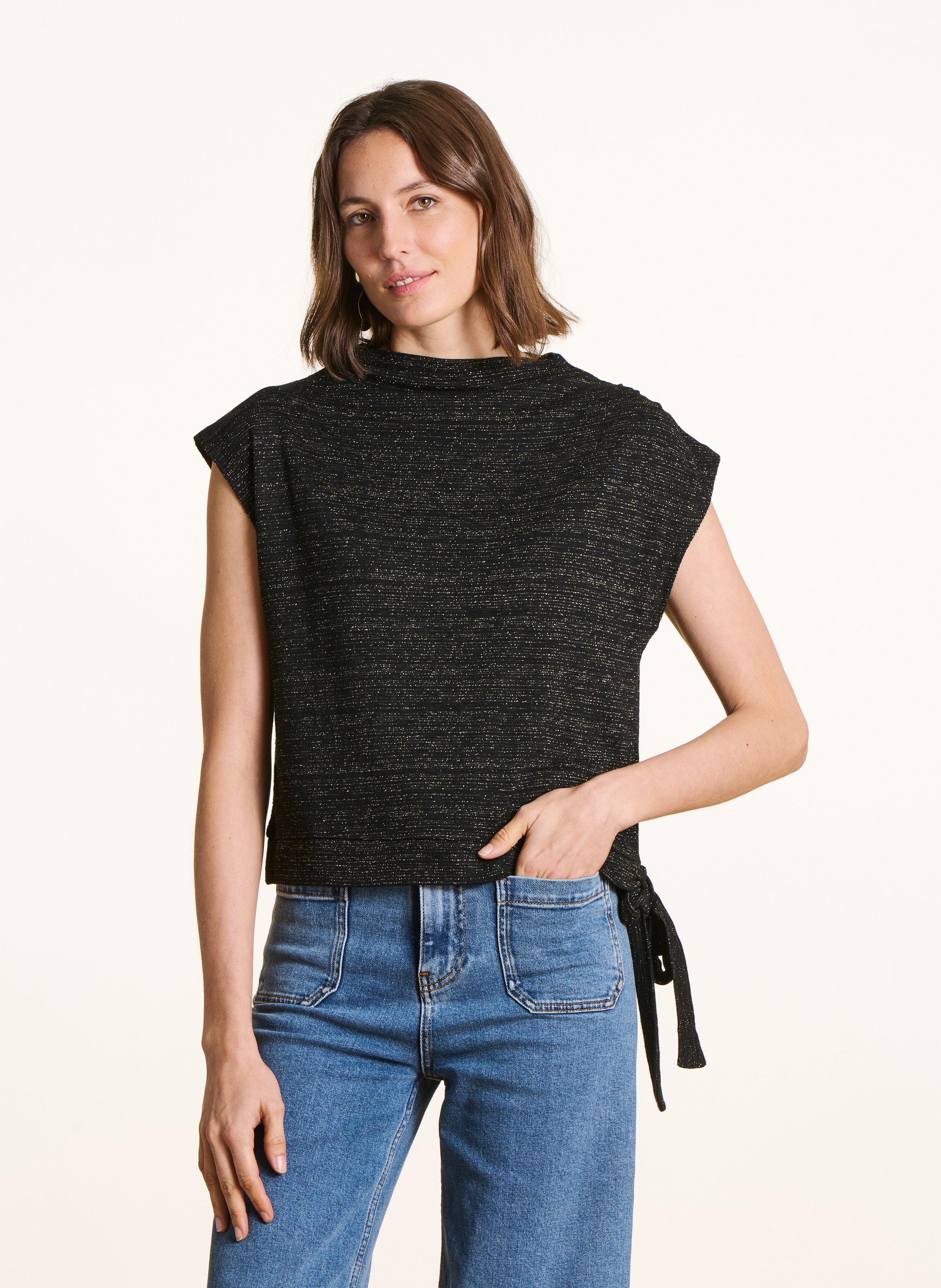 Top met korte mouwen in metallic stof LA FEE MARABOUTEE Zwart