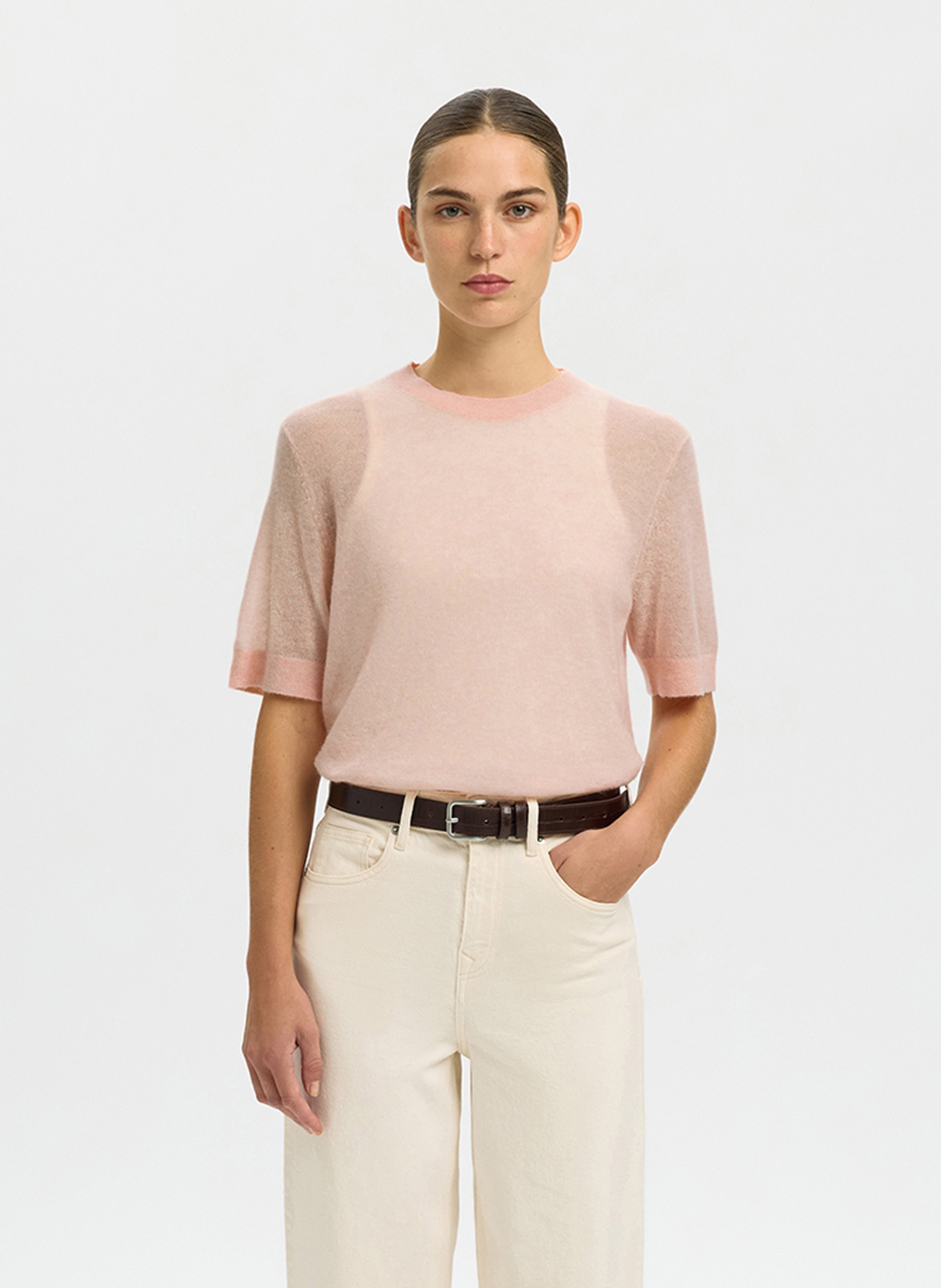 Straight high-neck knitted sweater SELECTED Pink