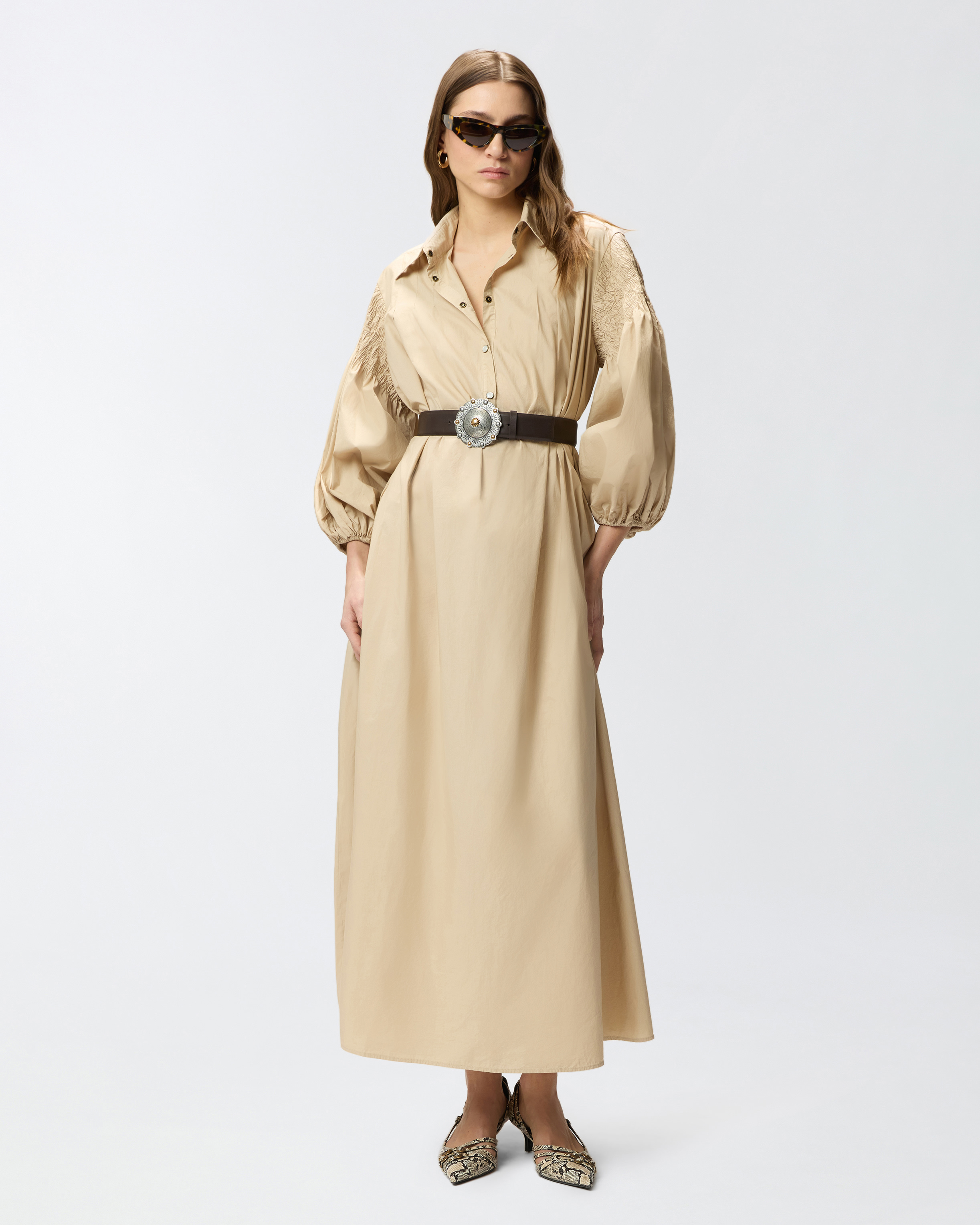 Robe chemise longue en coton avec fine ceinture PINKO Beige