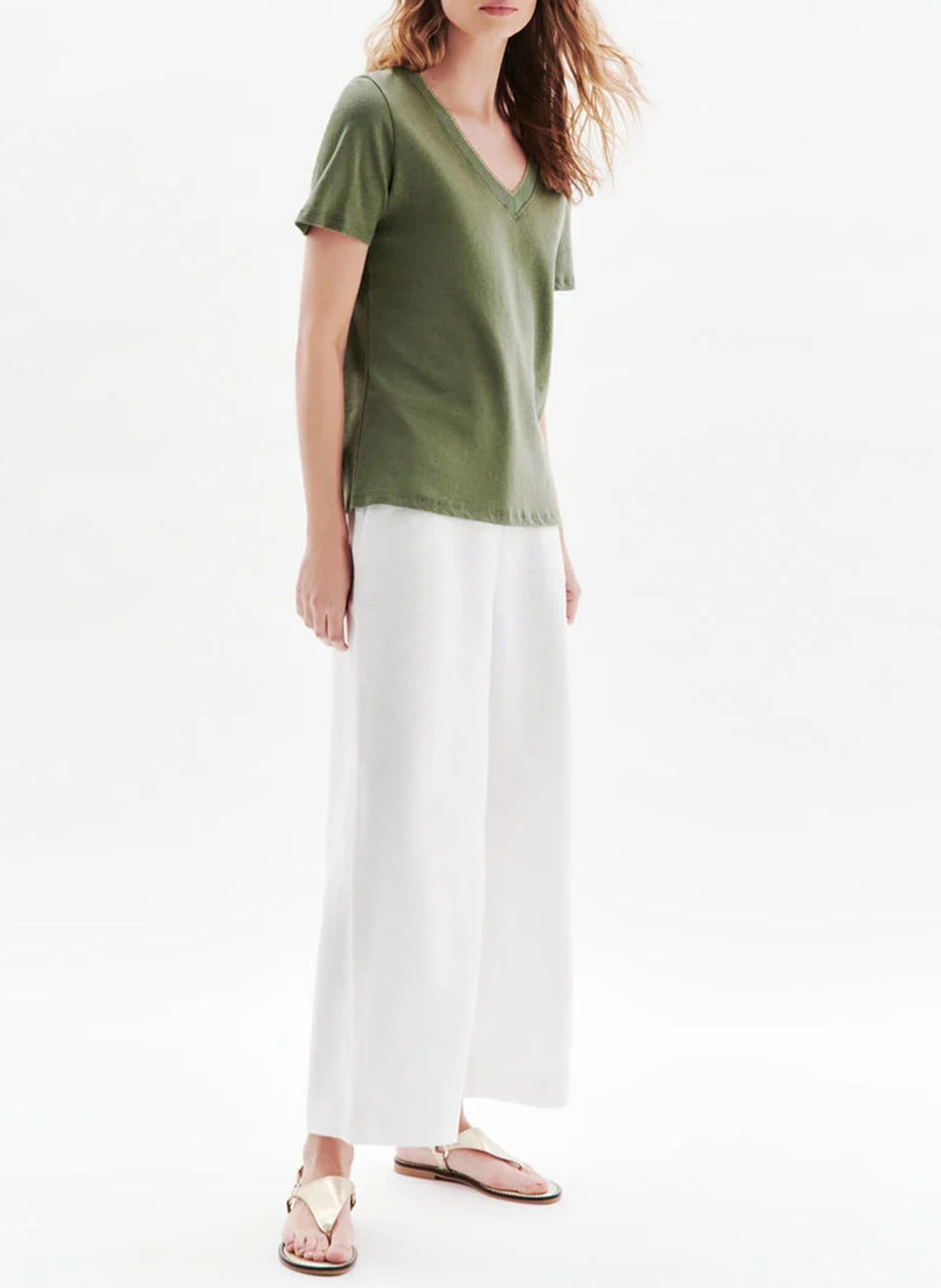 Straight cotton-blend V-neck T-shirt CAROLL Green