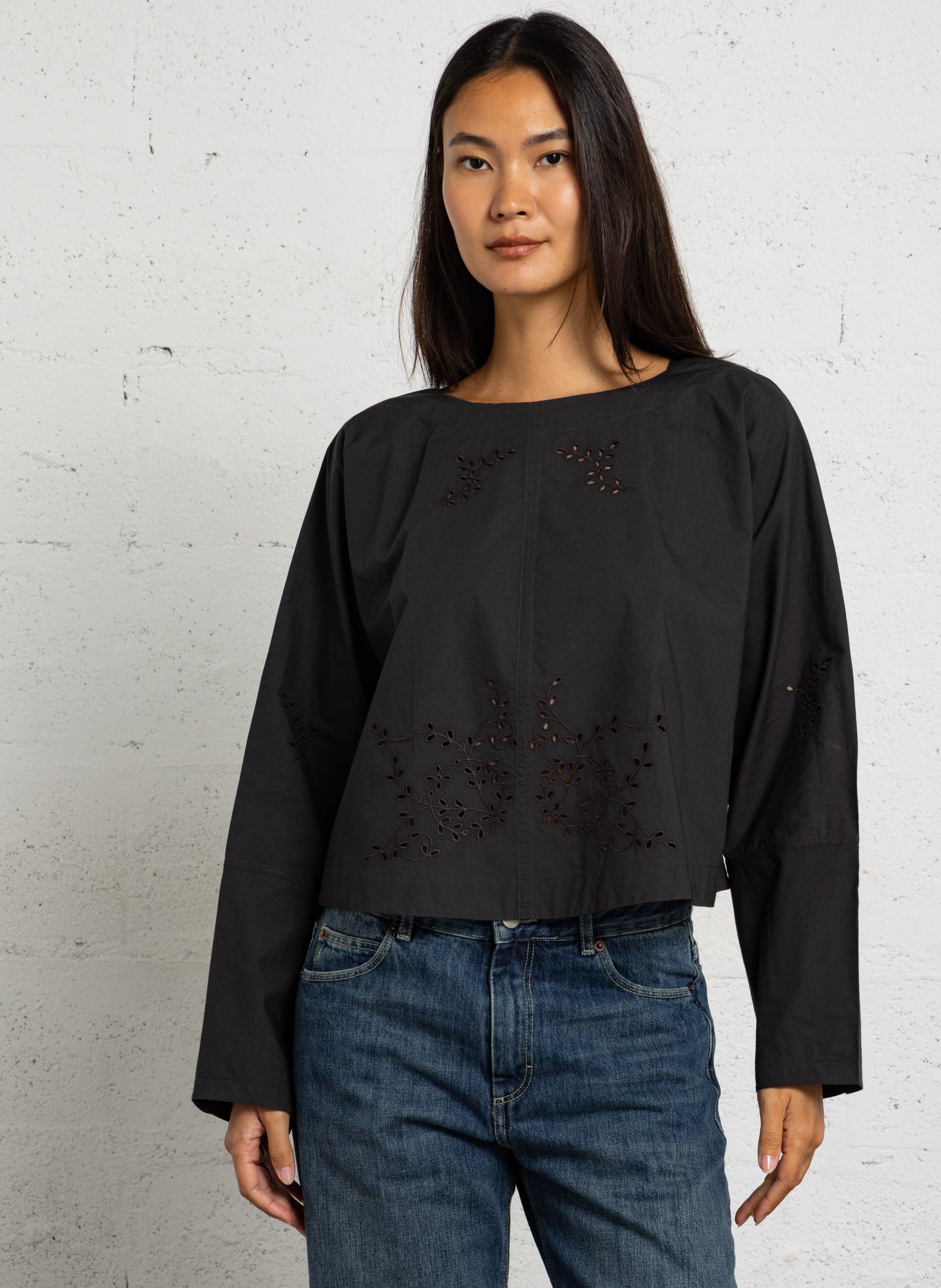 Top ample à broderie anglaise en coton SOEUR Gris