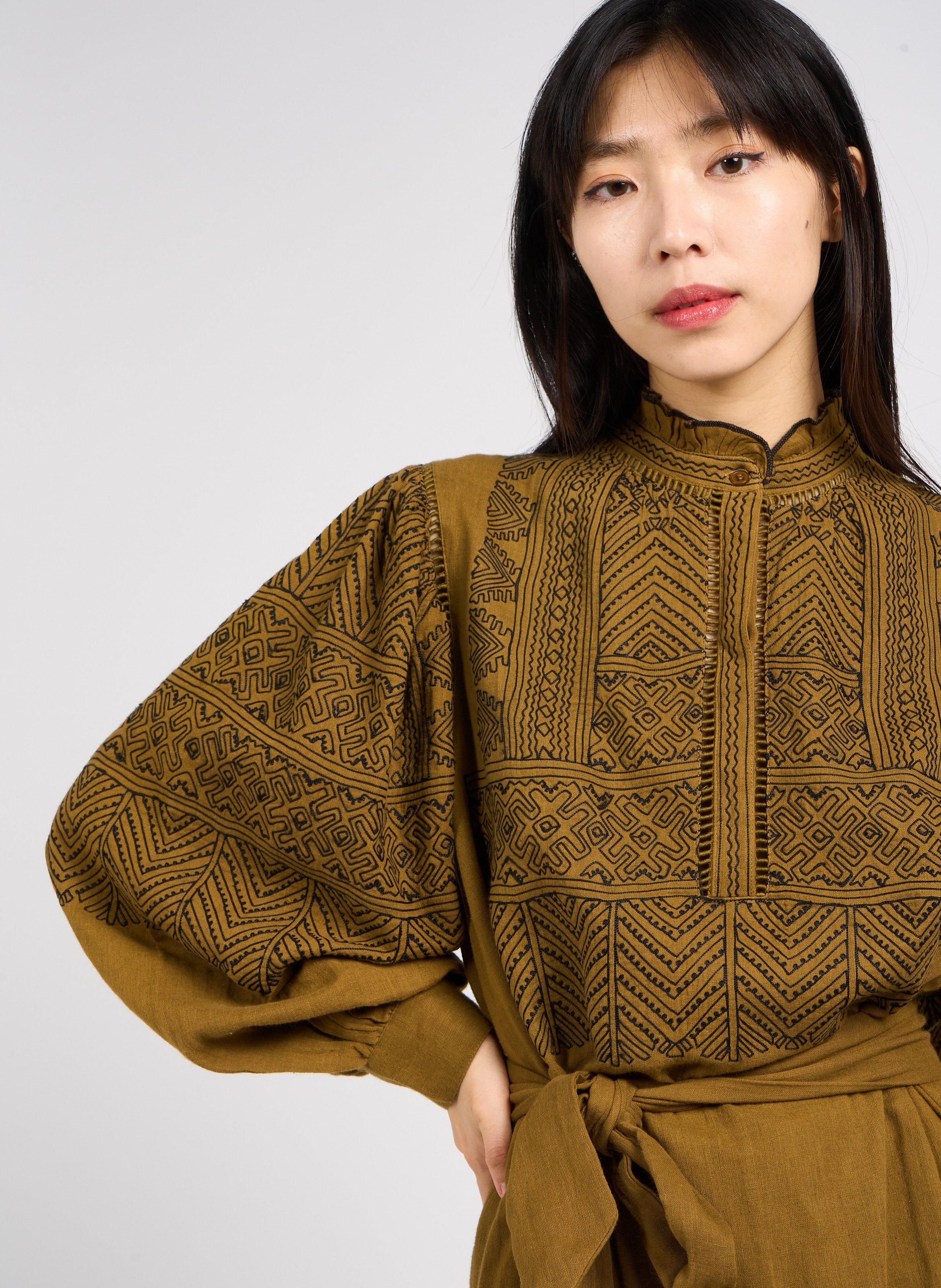 Robe longue droite col montant en coton ANTIK BATIK Marron