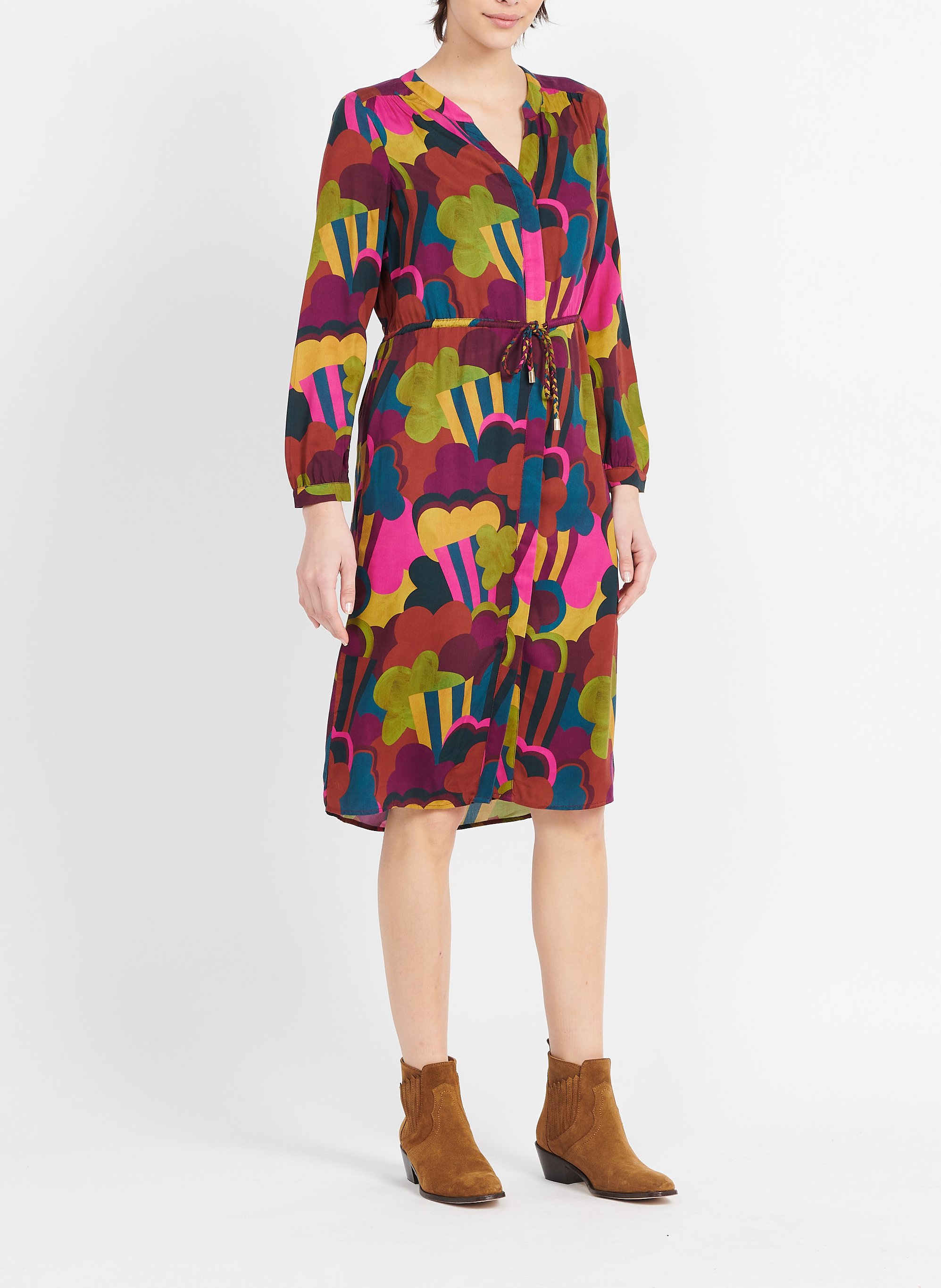 Robe midi col V imprimée  SOI PARIS Marron