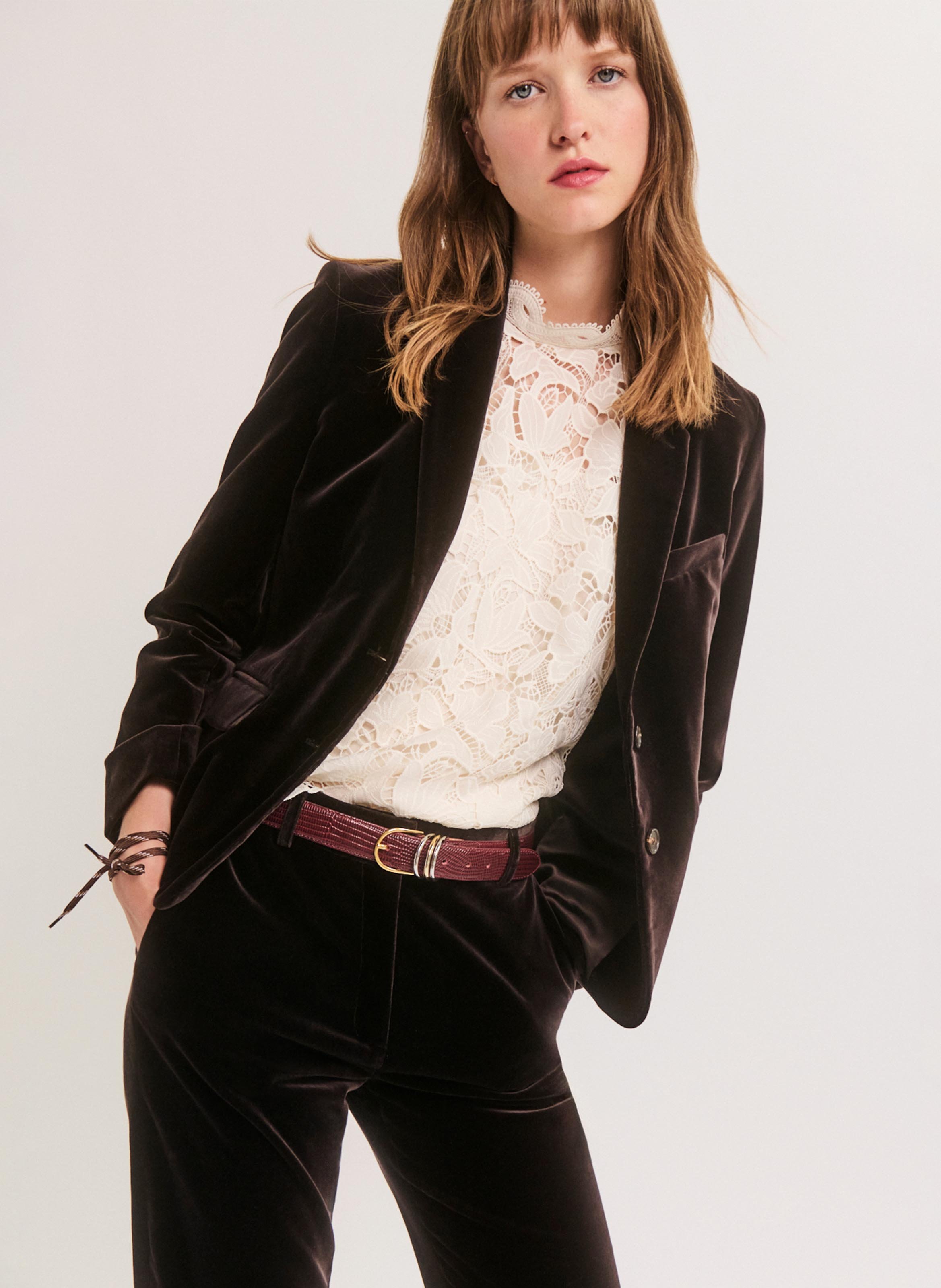 Blazer cintré en velours lisse de coton mélangé PABLO Marron