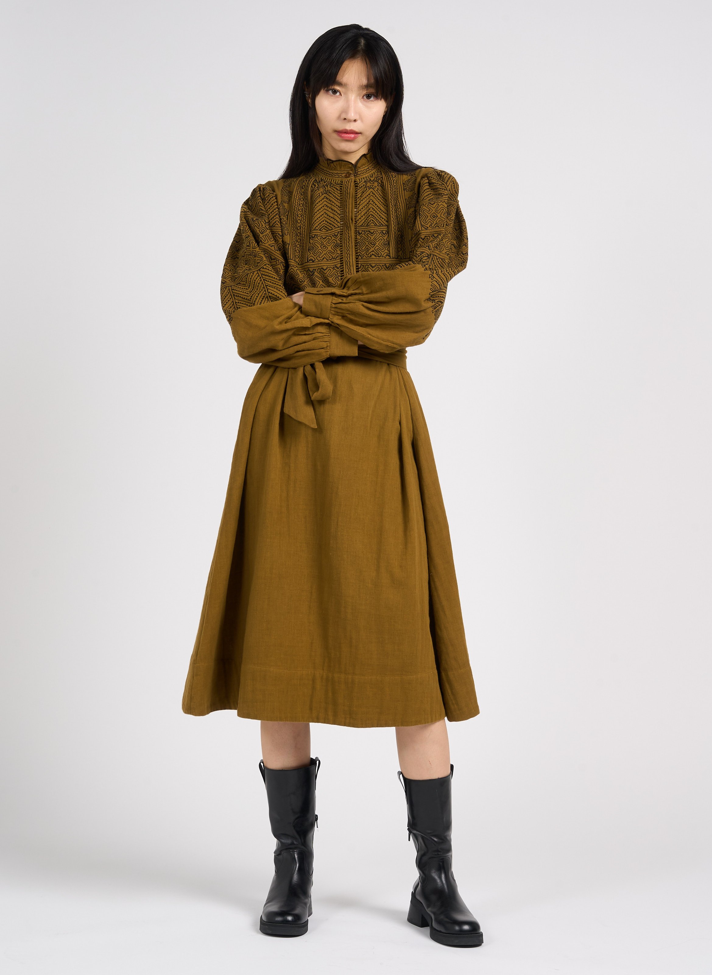 Robe longue droite col montant en coton ANTIK BATIK Marron