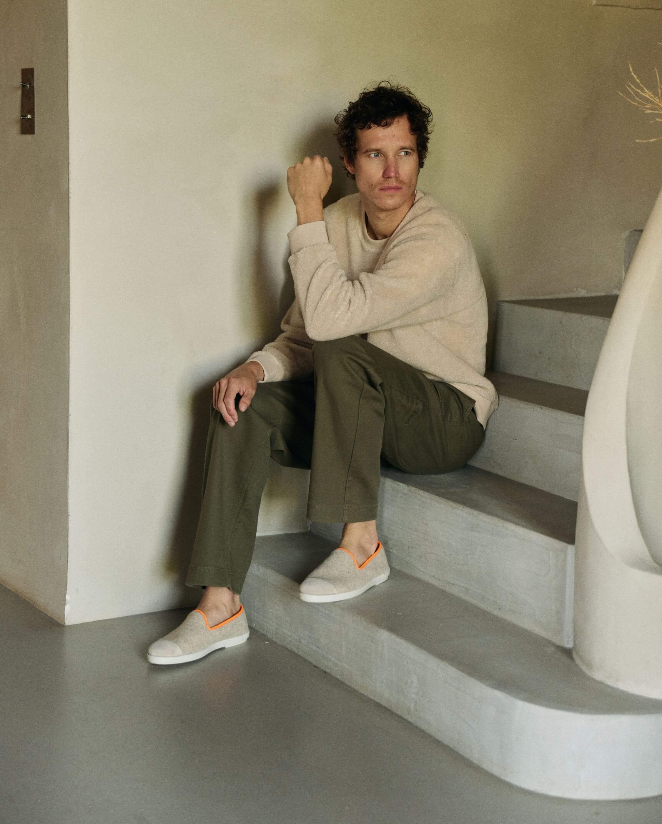 Men's wool slipper, beige with neon orange ANGARDE Beige