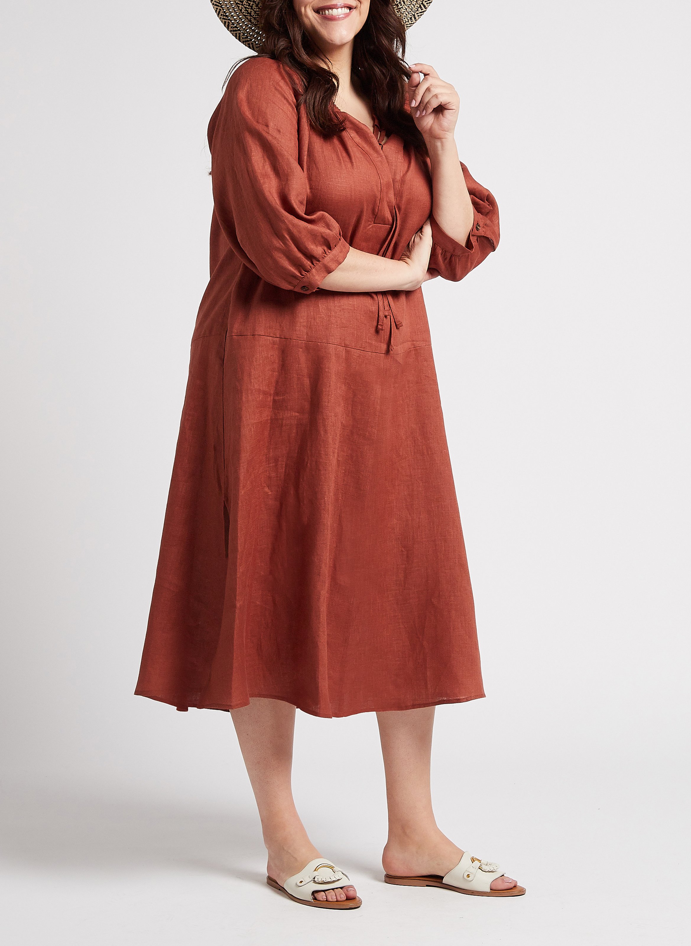 Long A-line linen dress with round low-cut neckline PERSONA by Marina Rinaldi Brown