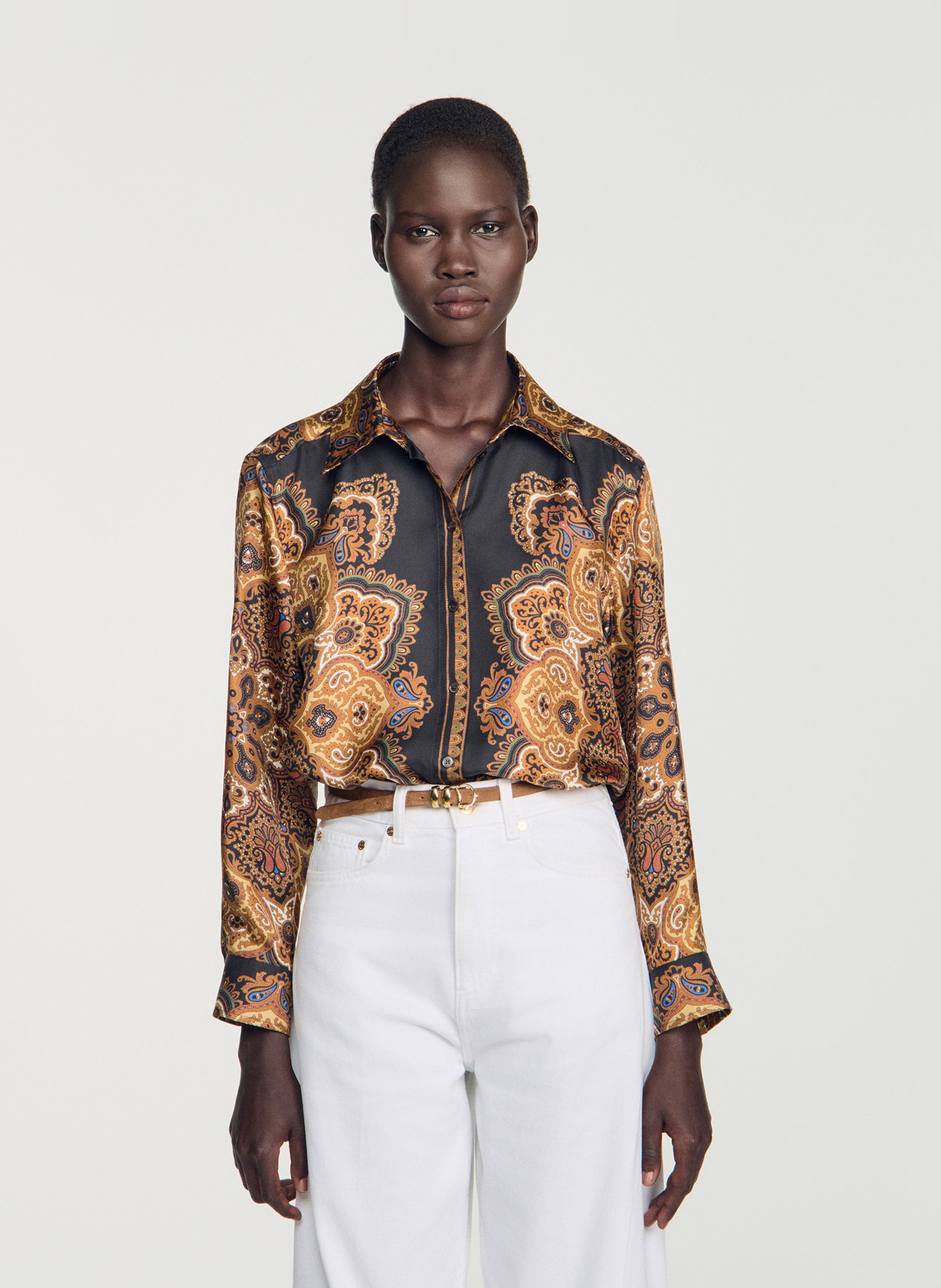Straight-fit, zijden blouse met klassieke kraag SANDRO Zwart