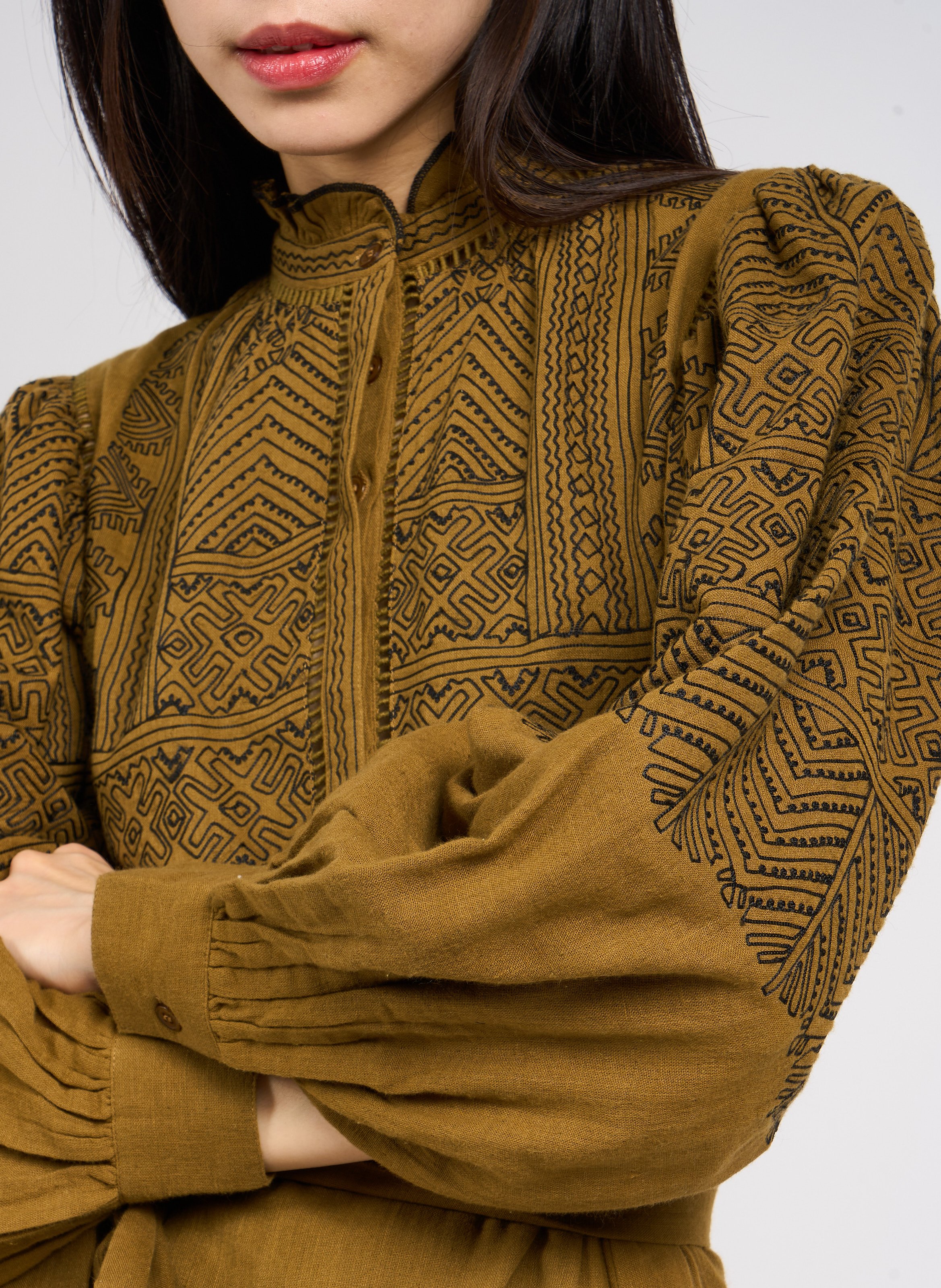 Robe longue droite col montant en coton ANTIK BATIK Marron