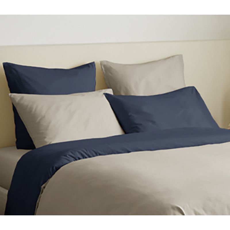 Complete set 6 pieces linen/navy reversible duvet cover for 180 x 200 cm bed "king size" COTON PUR Grey