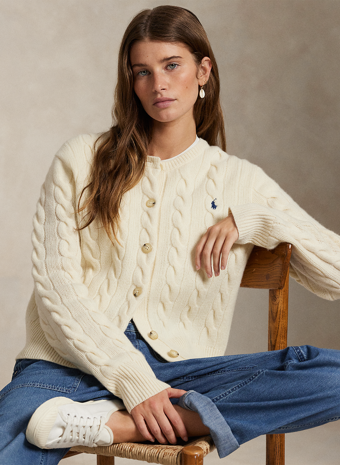 Gilet col rond en laine mélangée POLO RALPH LAUREN Blanc