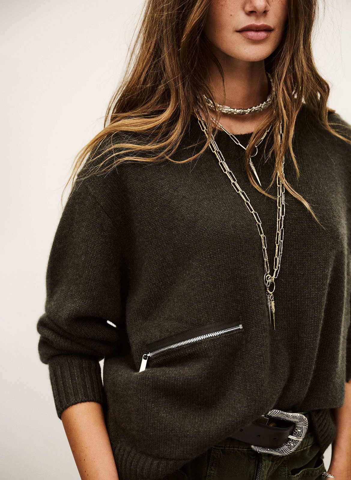 Oversized round neck cashmere sweater BA&SH Khaki