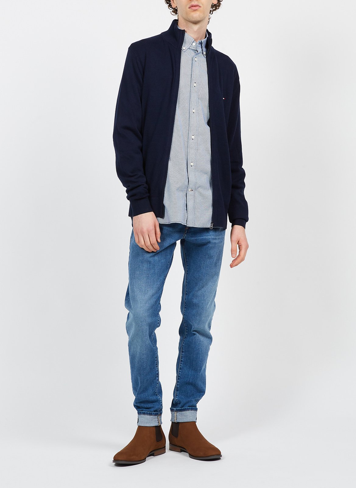 Regular-fit organic cotton and cashmere cardigan with high neck Blue