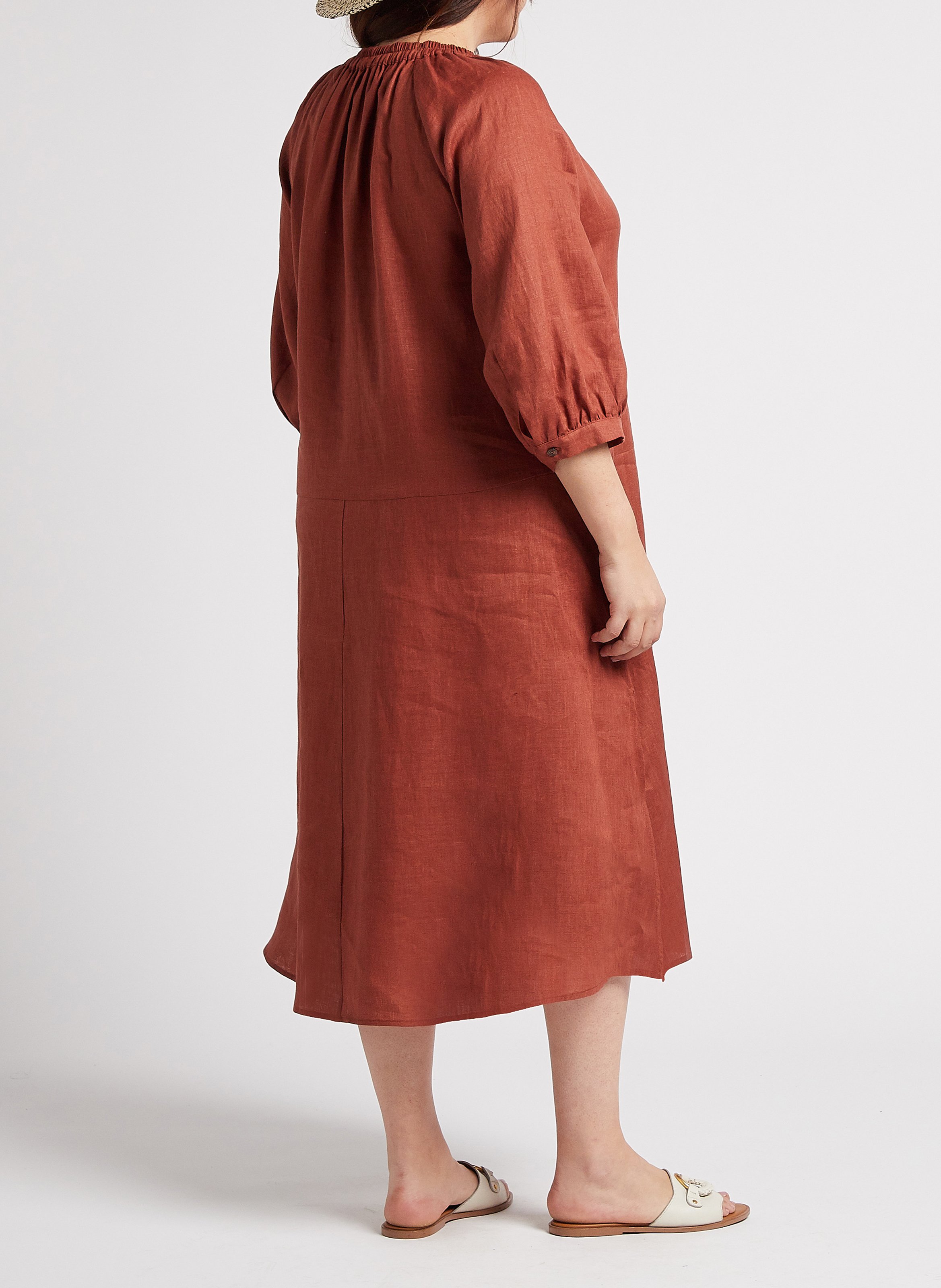 Long A-line linen dress with round low-cut neckline PERSONA by Marina Rinaldi Brown