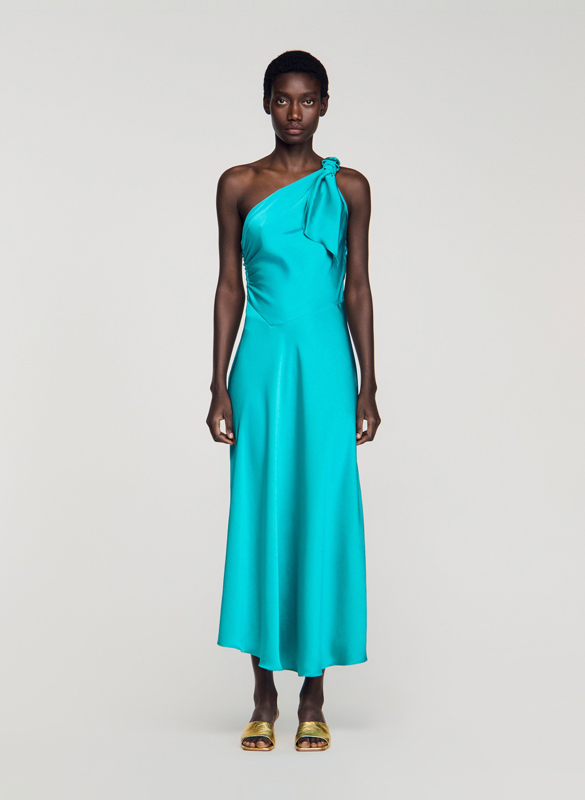 Lange effen satijnen jurk SANDRO Groen