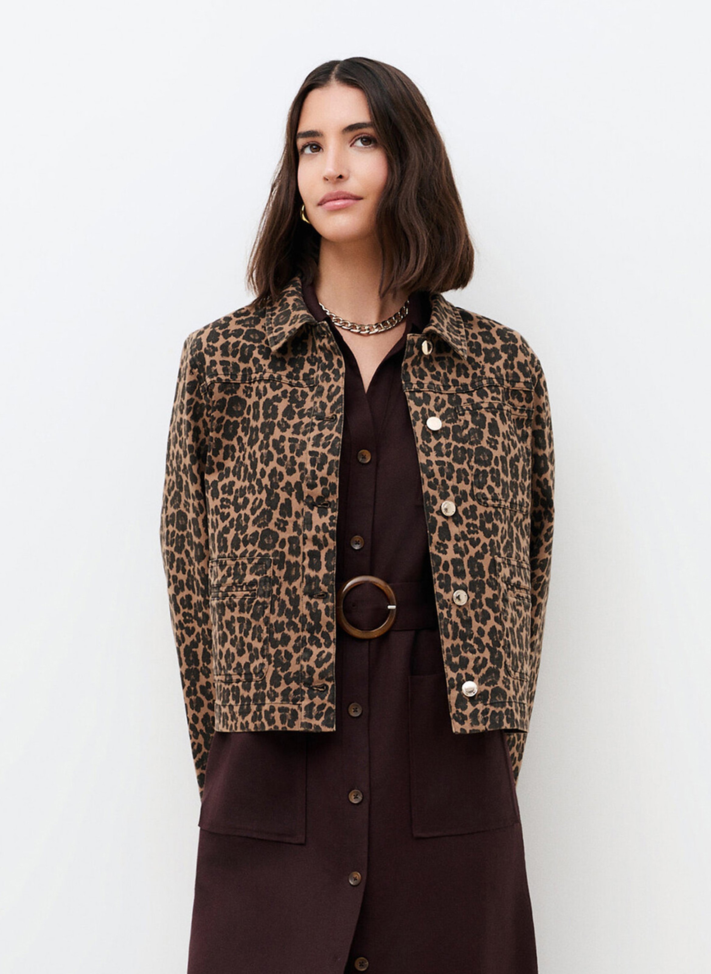 Short leopard print buttoned jacket CAROLL Brown