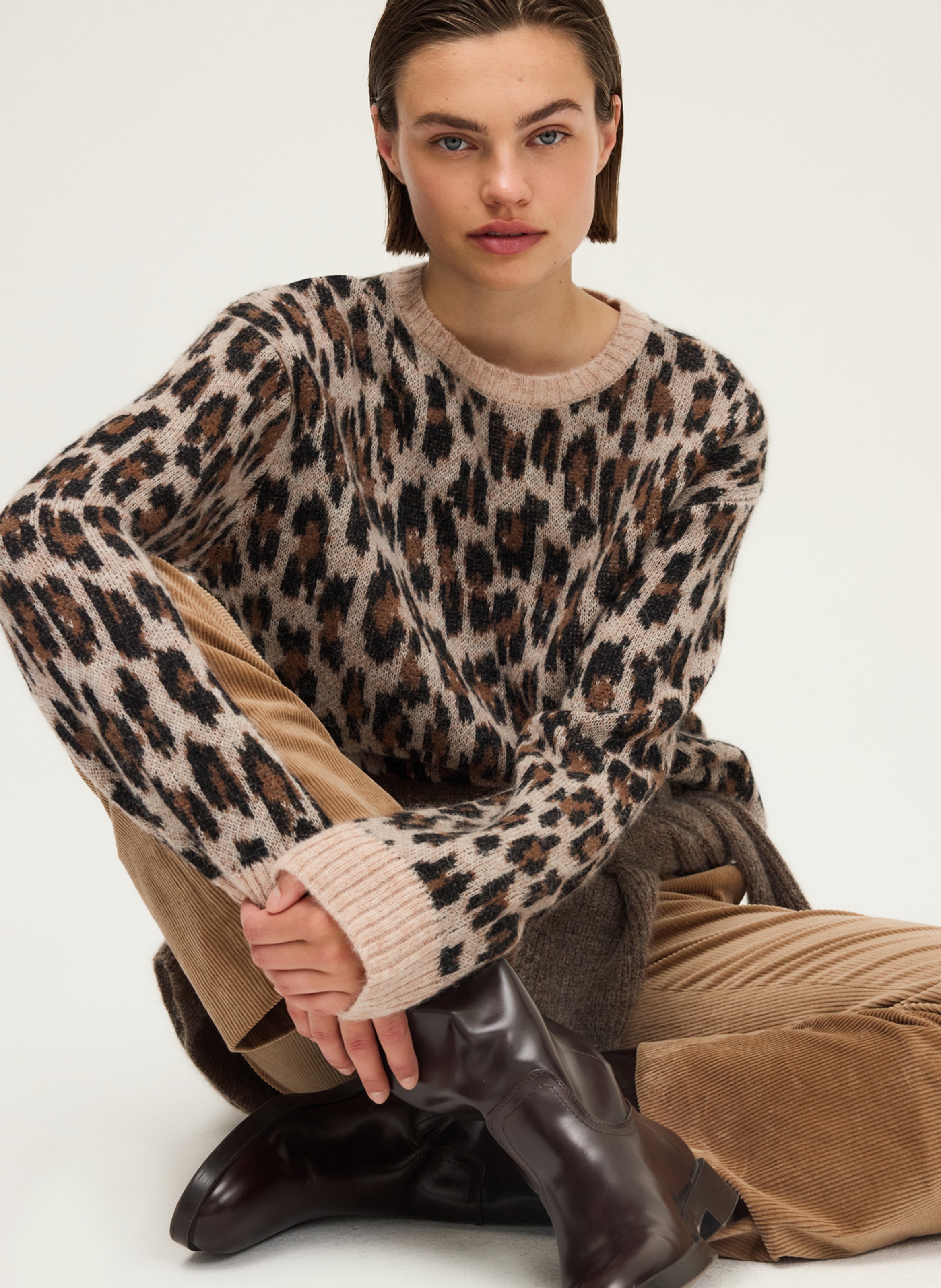 Oversized round neck leopard print wool blend sweater PABLO Beige