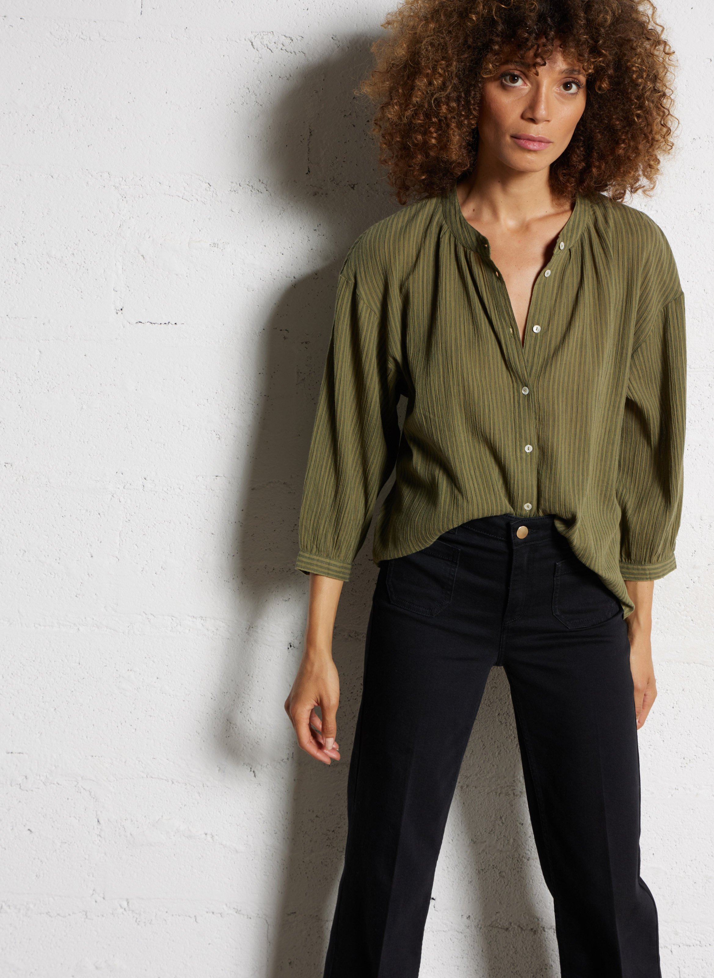 Loose-fit cotton shirt with mandarin collar MAISON 123 Khaki