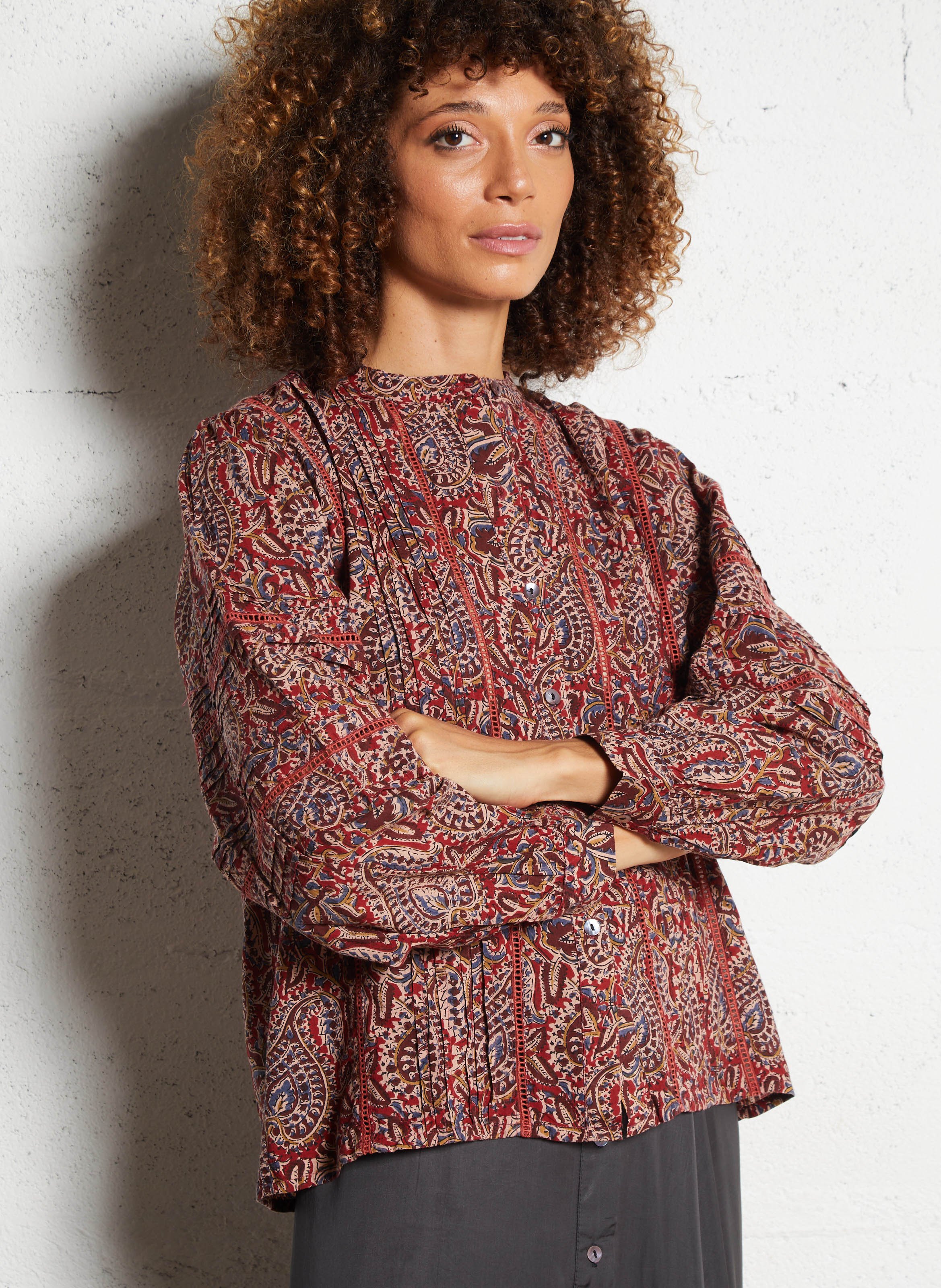 Round-neck printed cotton blouse MAISON HOTEL Red