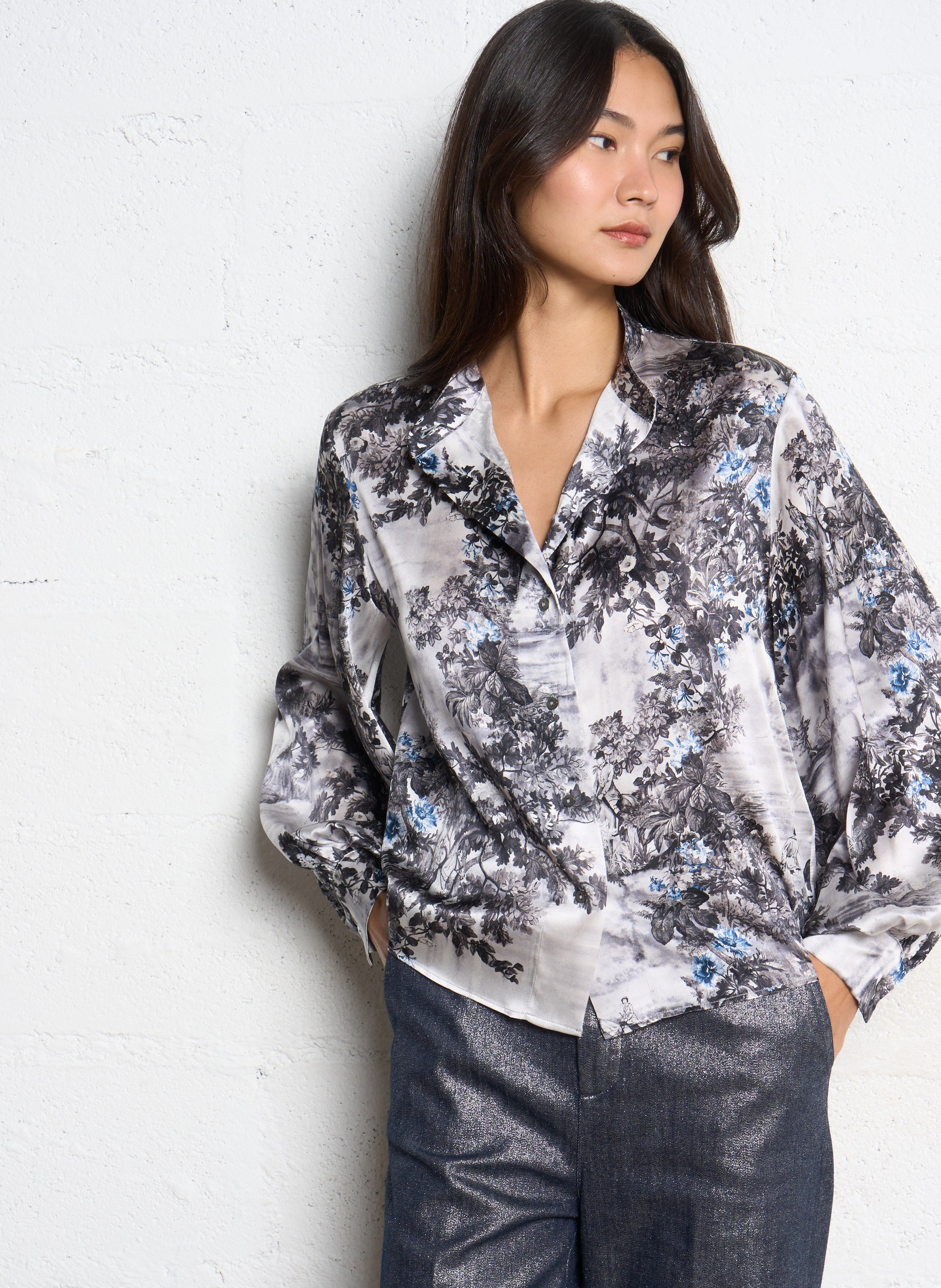 Chemise droite col mao en soie mélangée MOMONI Argent