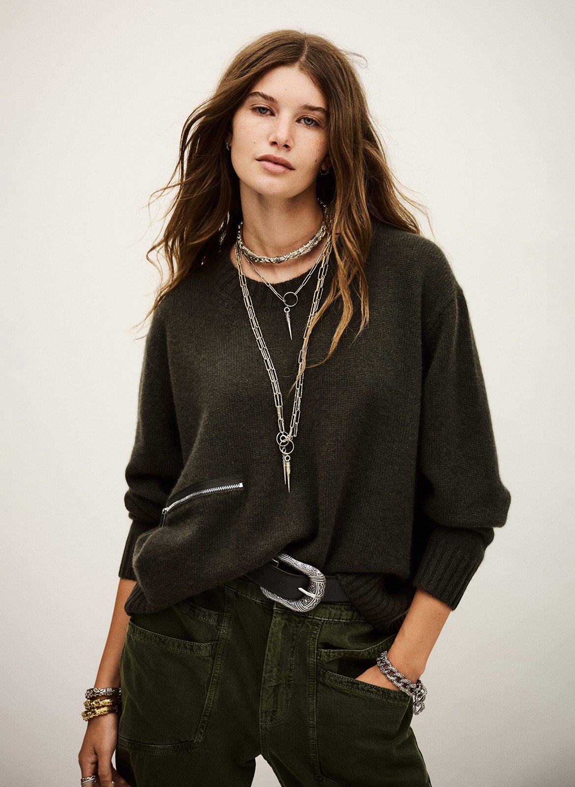 Oversized round neck cashmere sweater BA&SH Khaki