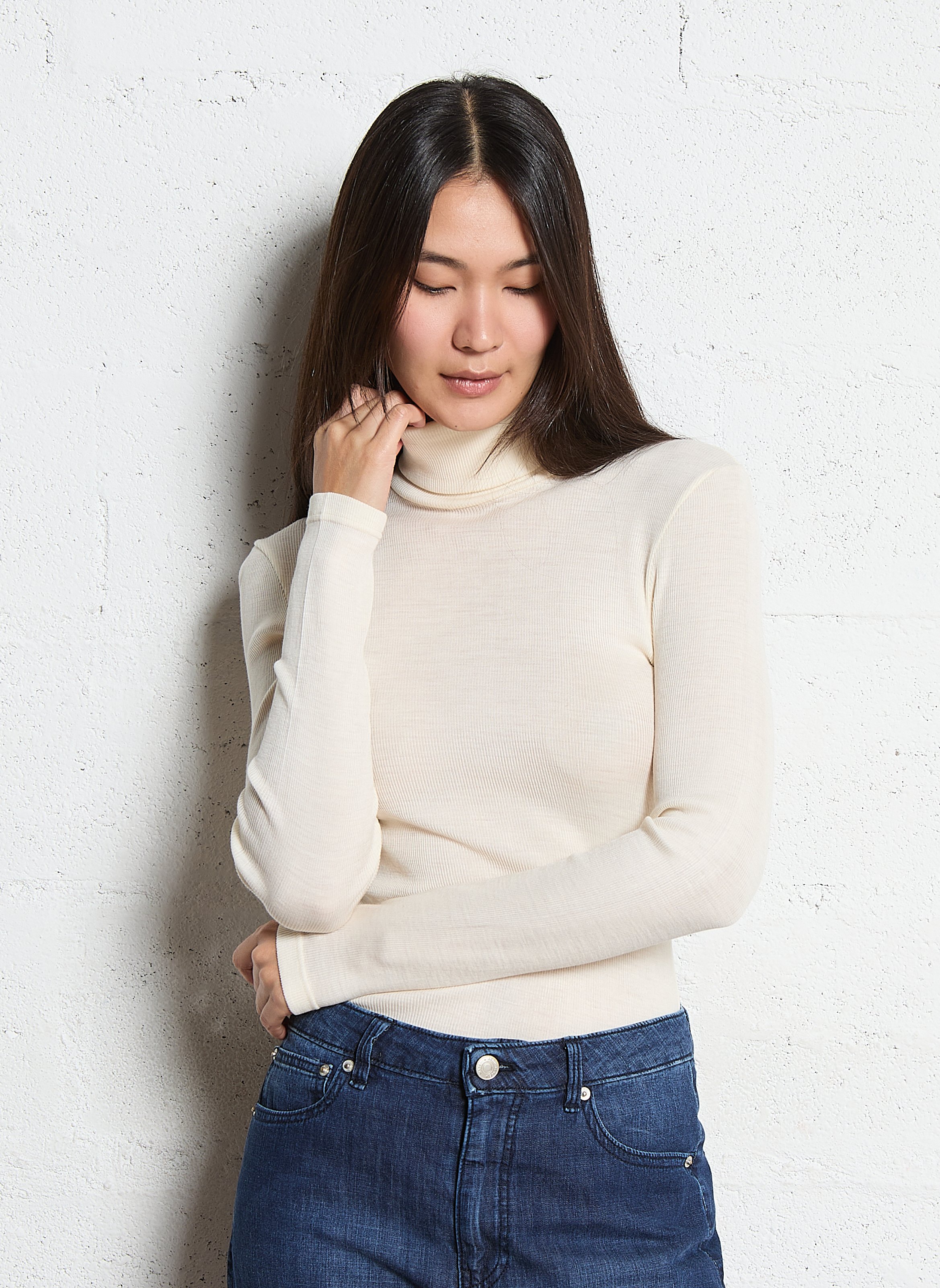 Pull moulant col roulé en laine et soie ARMOR LUX Beige