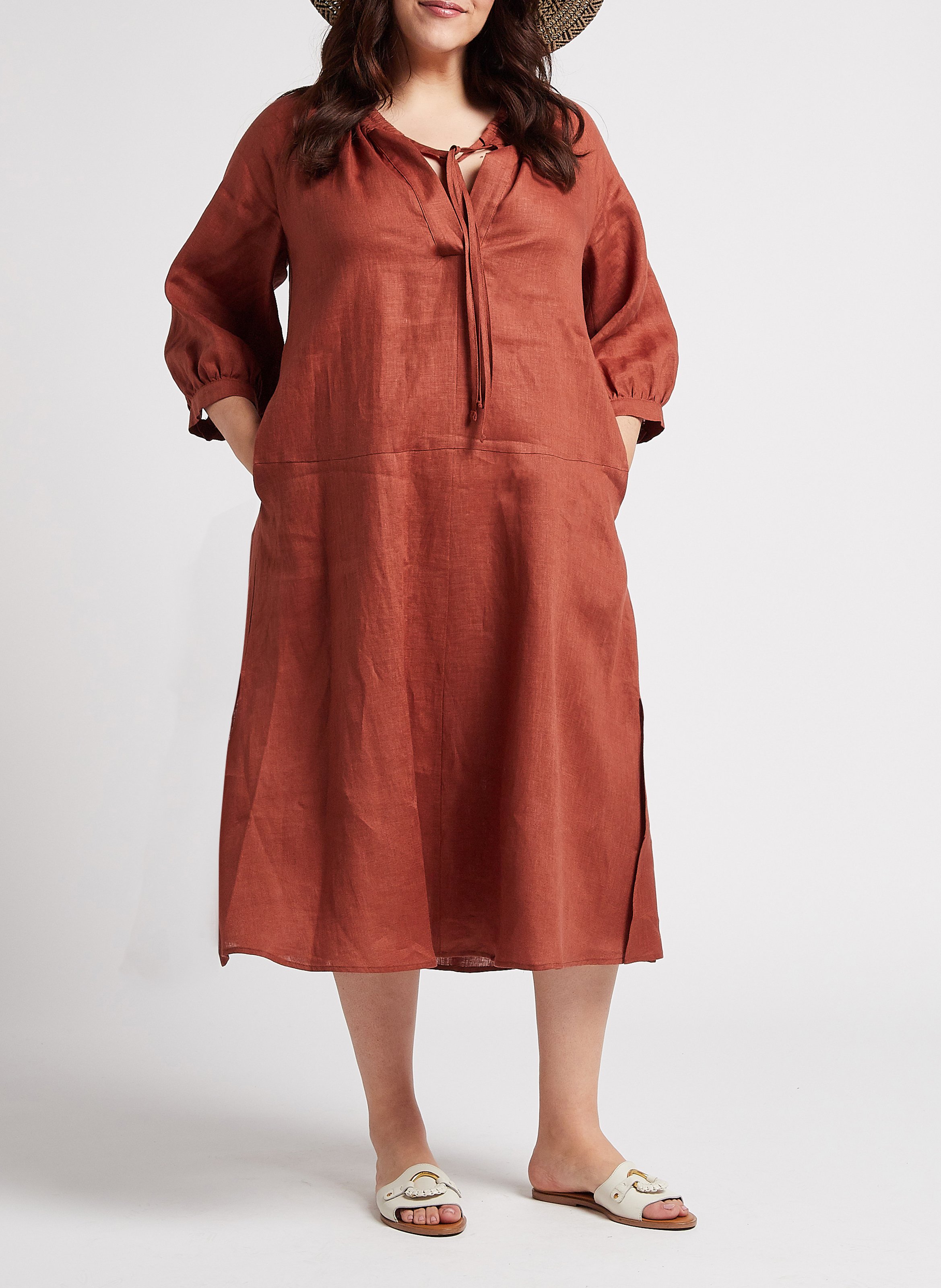 Long A-line linen dress with round low-cut neckline PERSONA by Marina Rinaldi Brown