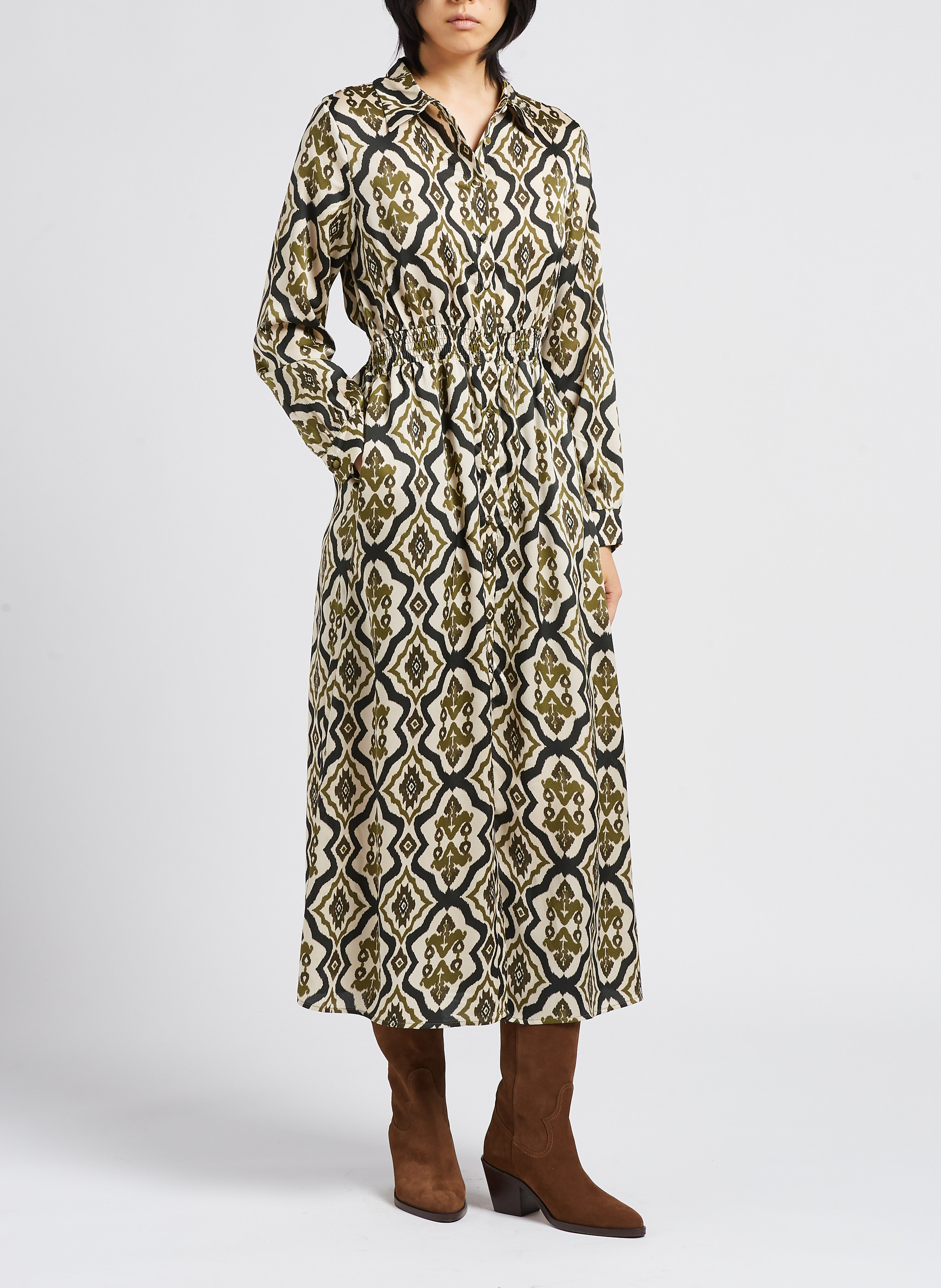 Robe longue col classique imprimé graphique  LA PETITE ETOILE Vert