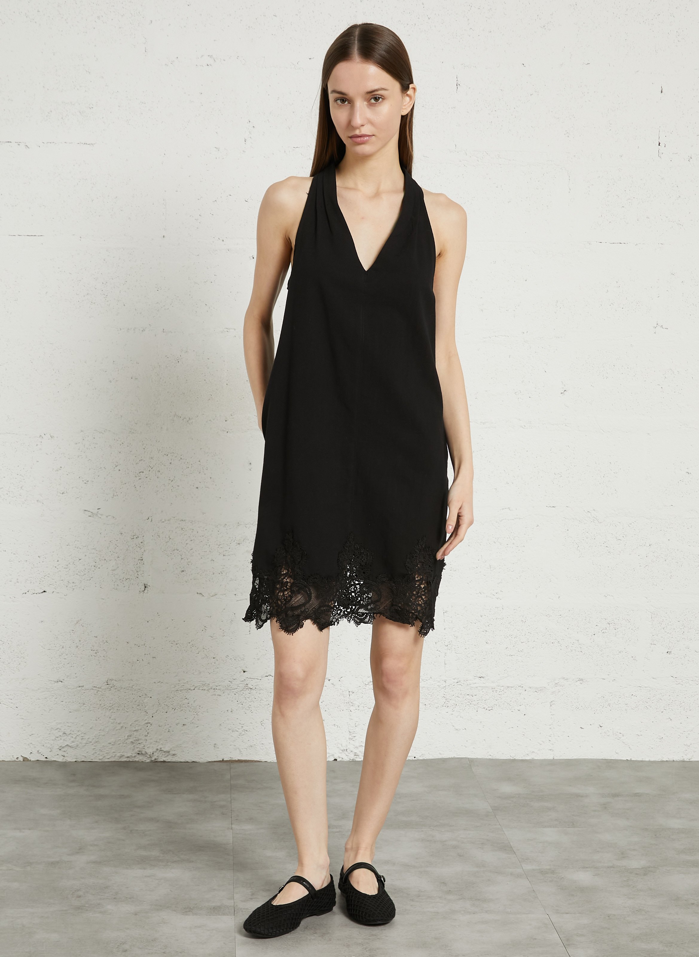 Robe courte à détail dentelle en lin mélangé SEE U SOON Noir