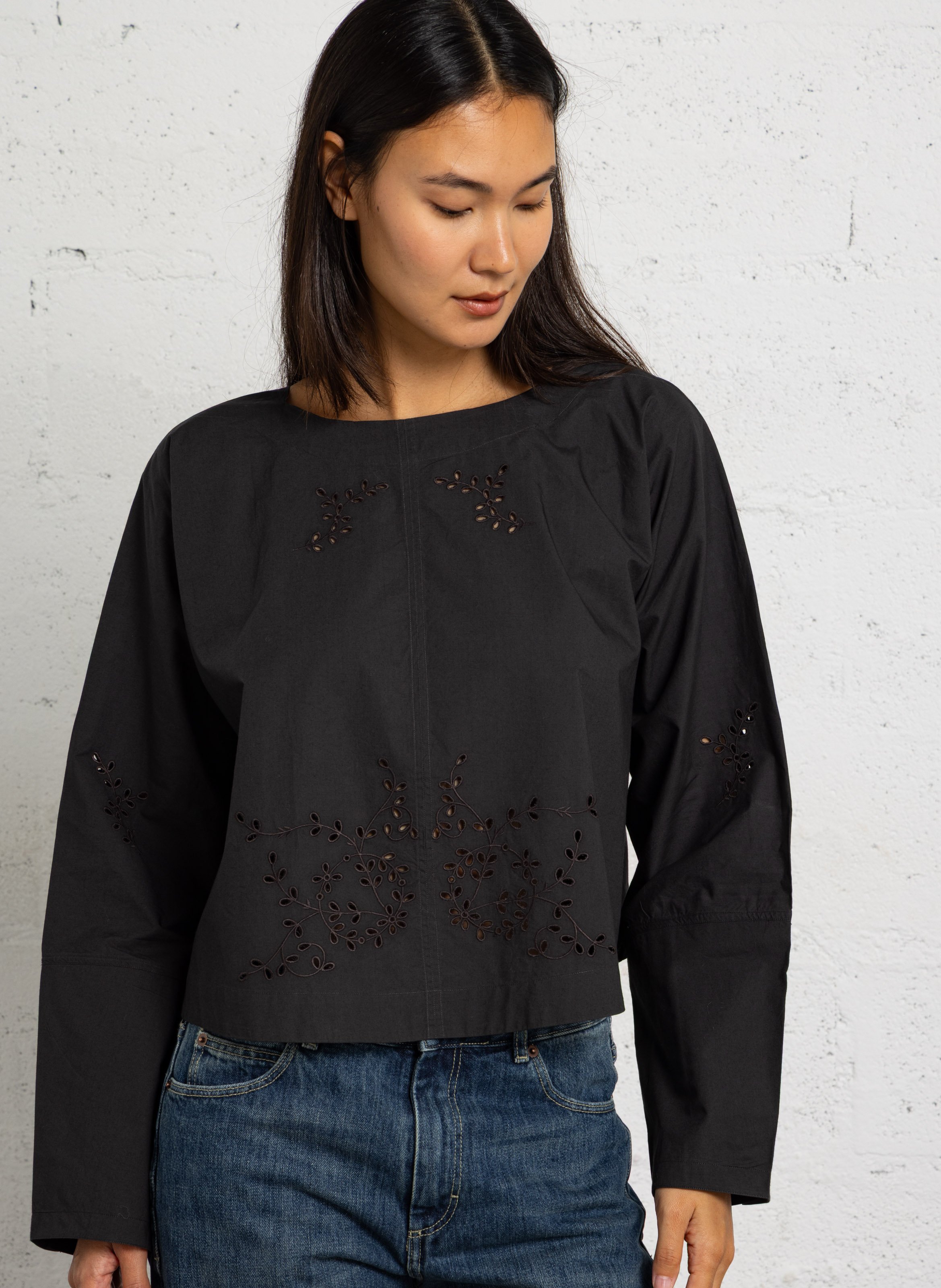 Top ample à broderie anglaise en coton SOEUR Gris